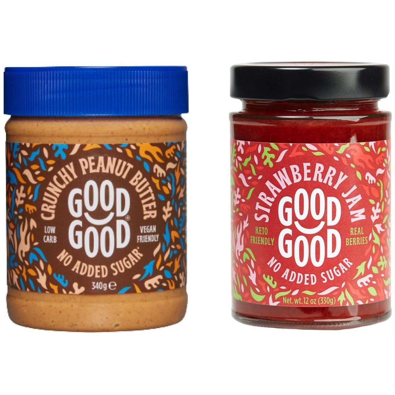 Good Good Sweet Strawberry Jam & Crunchy Peanut Butter - Keto Friendly - Low Carb & No Added Sugars - Vegan - Gluten Free - Preserves