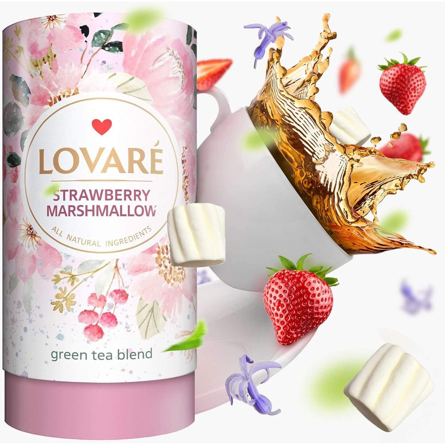 Lovare Strawberry Marshmallow Loose Leaf Tea 80 G - Made In Ukraine - Green Tea, Strawberry, Cornflower Petals - Gift Box With 15 Paper Filters