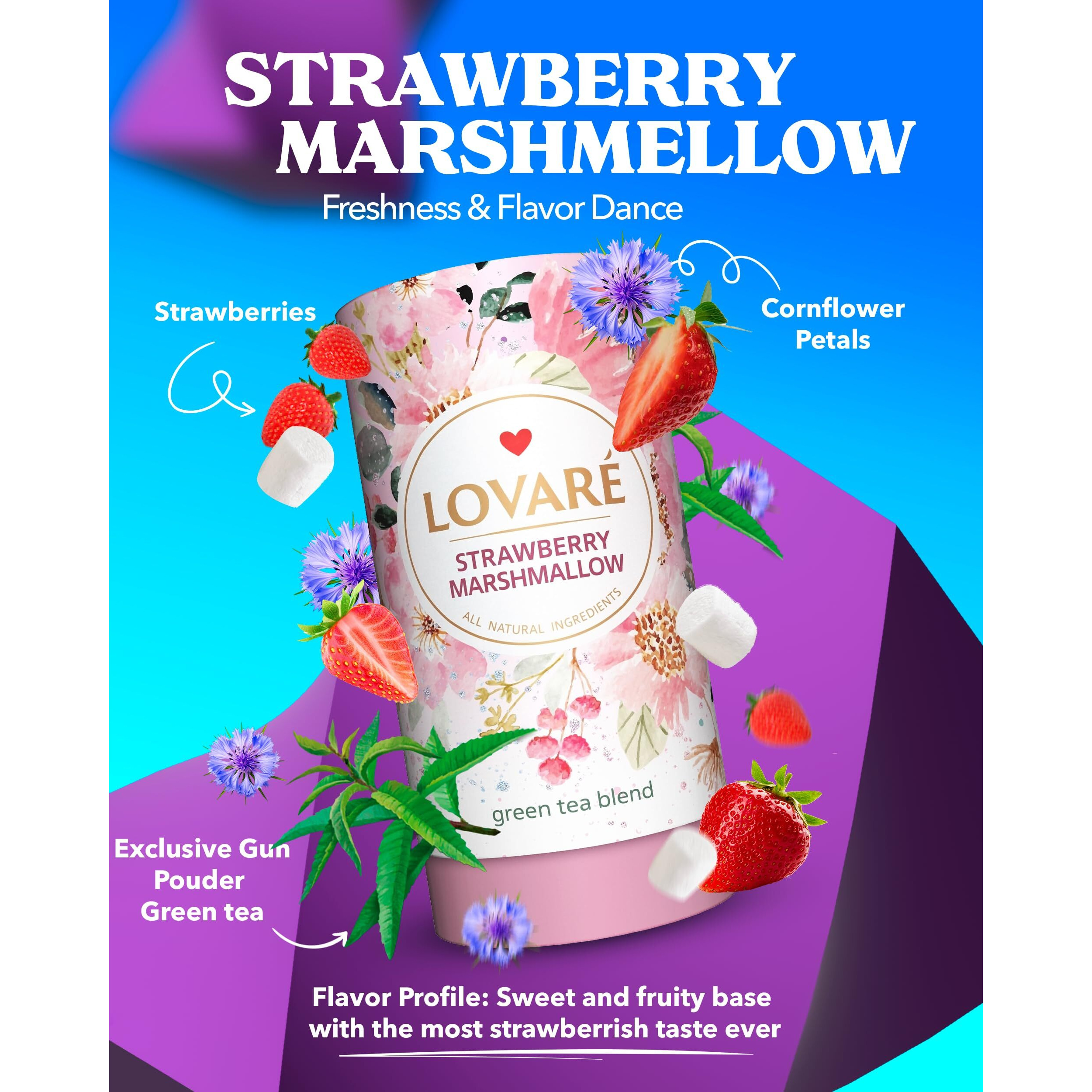 Lovare Strawberry Marshmallow Loose Leaf Tea 80 G - Made In Ukraine - Green Tea, Strawberry, Cornflower Petals - Gift Box With 15 Paper Filters