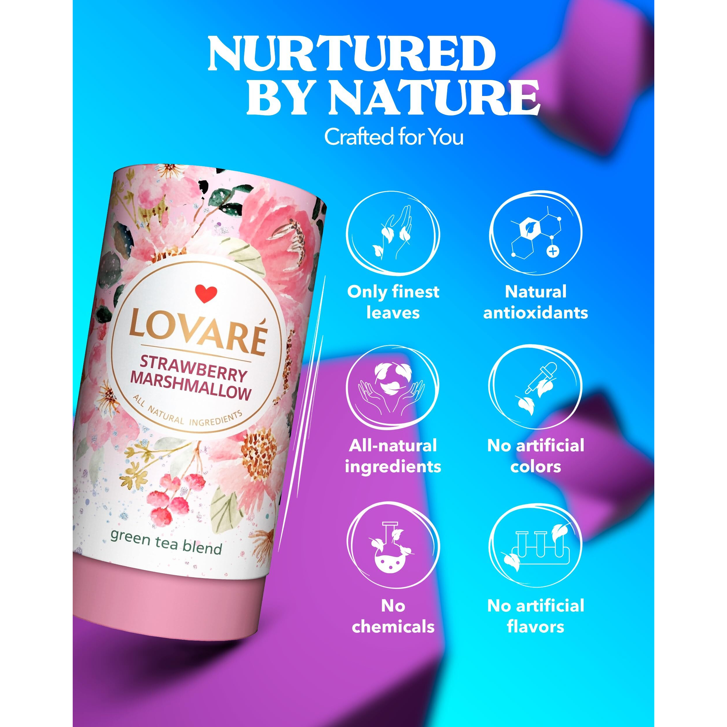 Lovare Strawberry Marshmallow Loose Leaf Tea 80 G - Made In Ukraine - Green Tea, Strawberry, Cornflower Petals - Gift Box With 15 Paper Filters