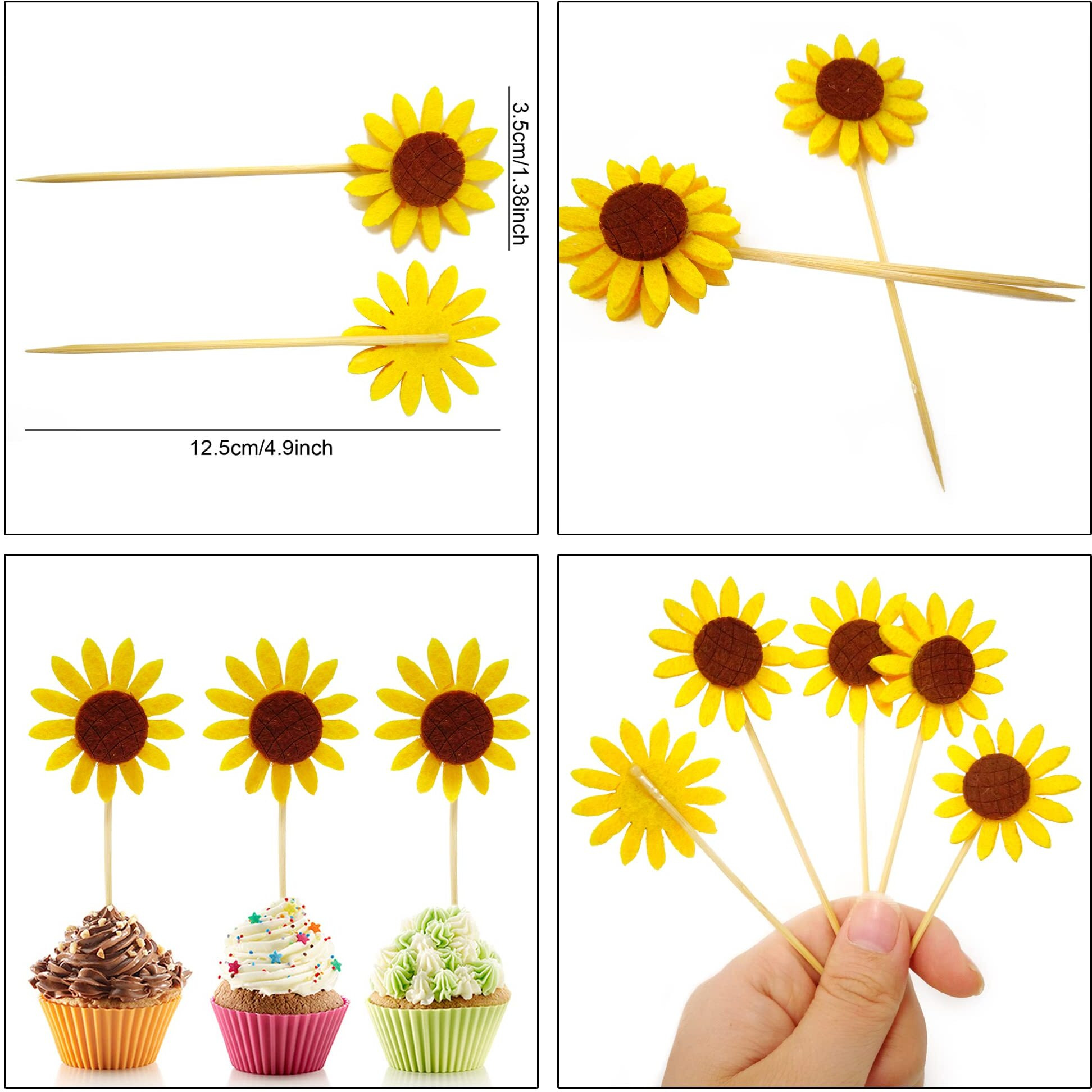 Honbay 24Pcs Cute Sunflower Cupcake Toppers Fruit Picks Cake Decorations