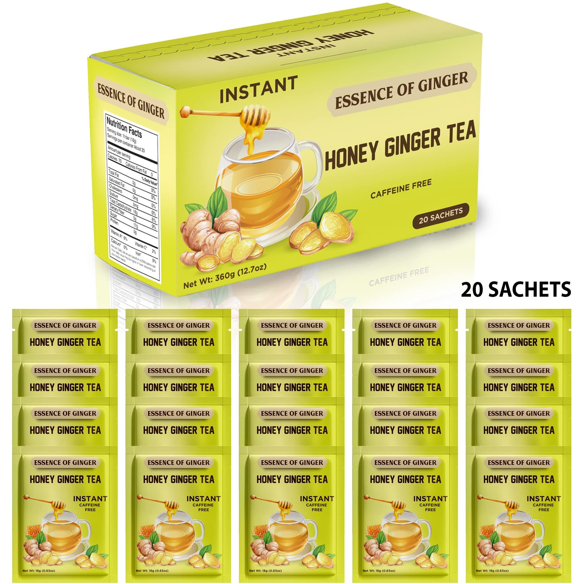 Essence Of Ginger Natural Honey Ginger Tea - 20 Packets - Instant Herbal Tea Bags Made With Real Pure Honey And Fresh Ginger Root - Caffeine Free