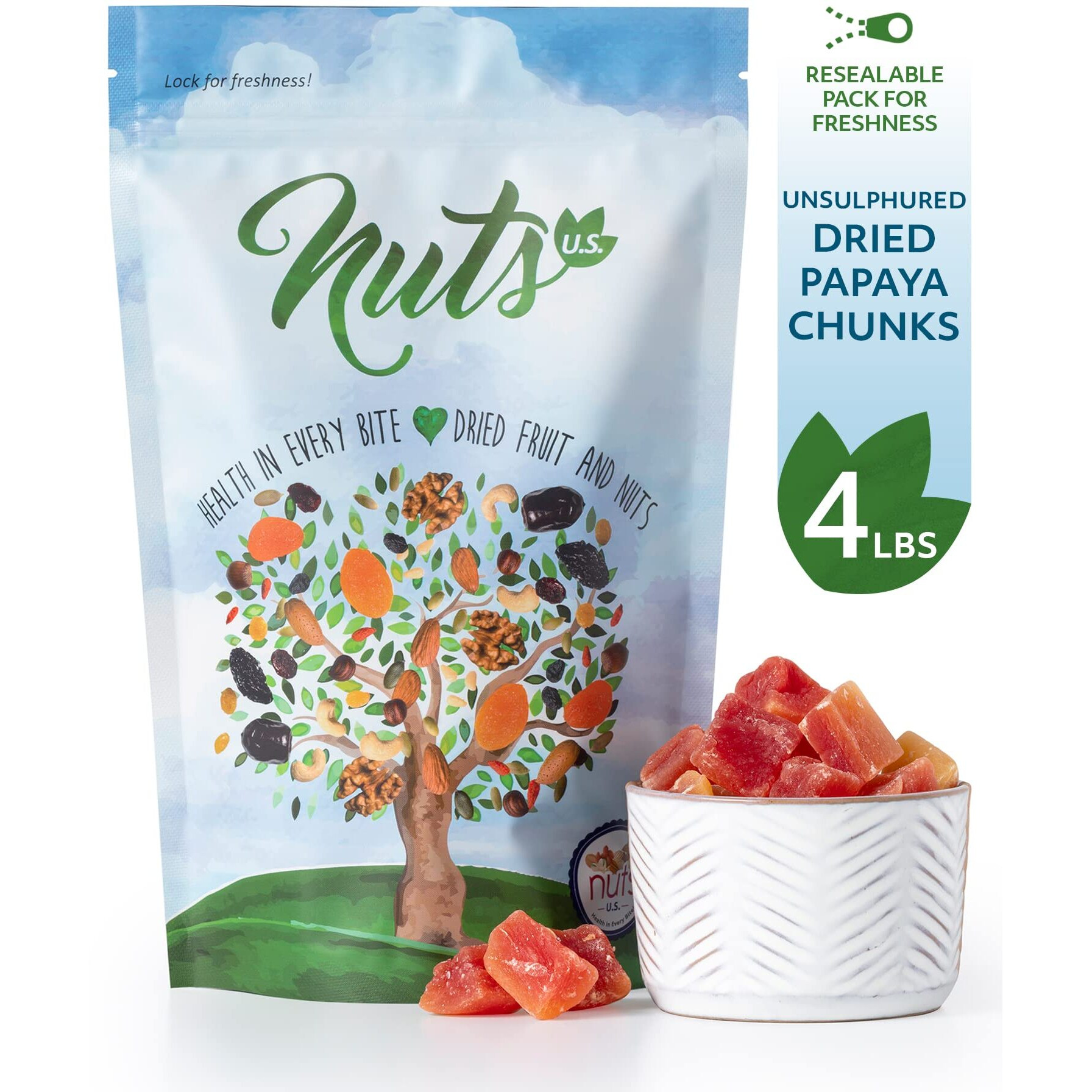 Nuts U.S. - Unsulphured Dried Papaya Chunks | Low Sugar | No Color Added | Non-Gmo And Gluten Free | Vegan Snacks | Packed In A Resealable Bag (4 Lbs)