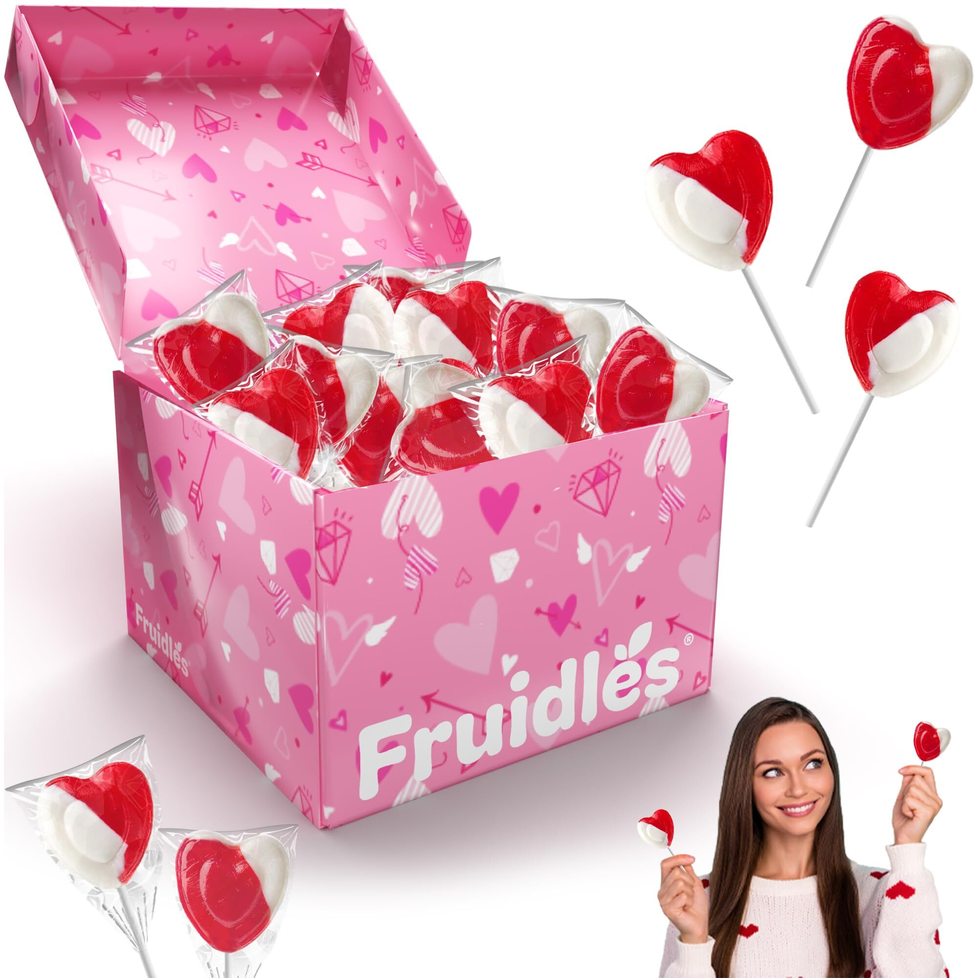 The Dreidel Company Valentines Day Lollipops Red Heart Shaped Strawberry N' Cream Flavored, Individually Wrapped (1 Pound) 24 Pack