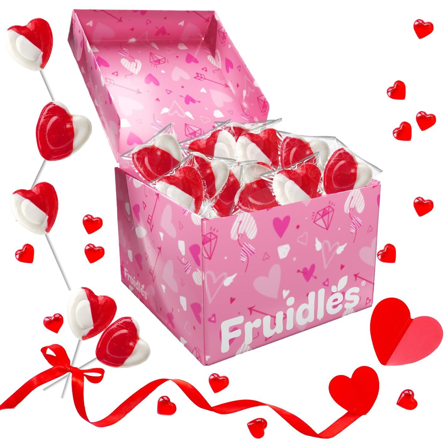 The Dreidel Company Valentines Day Lollipops Red Heart Shaped Strawberry N' Cream Flavored, Individually Wrapped (1 Pound) 24 Pack