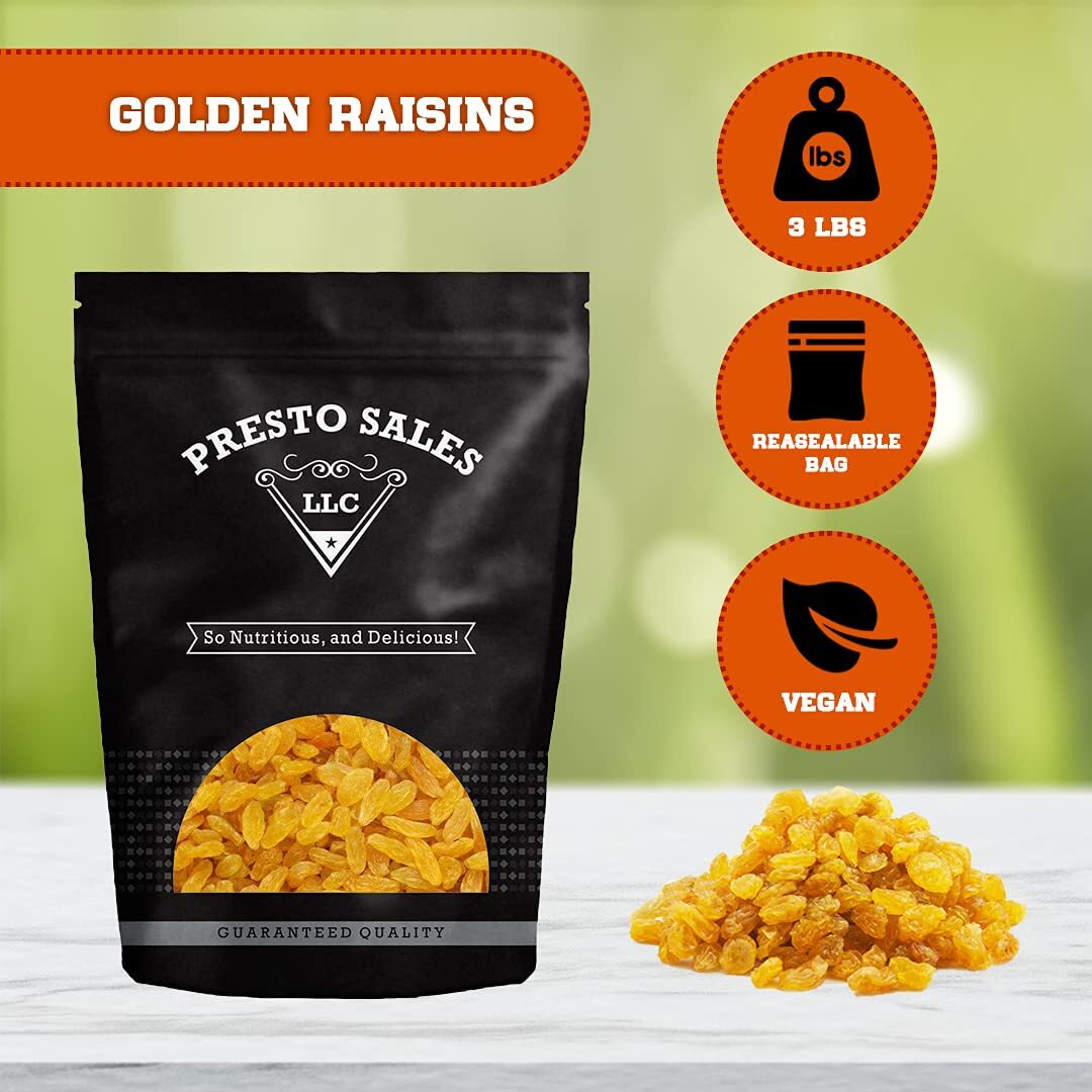 Raisins, Crop Year 2024 Fresh Bright Yellow Golden Seedless Sun-Dried, Naturally Sweet, Nutritious, Baking, Cooking, Snacking, Garnishing, Packed In A 3 Lbs. (48 Oz.) Resealable Bag By Presto Sales