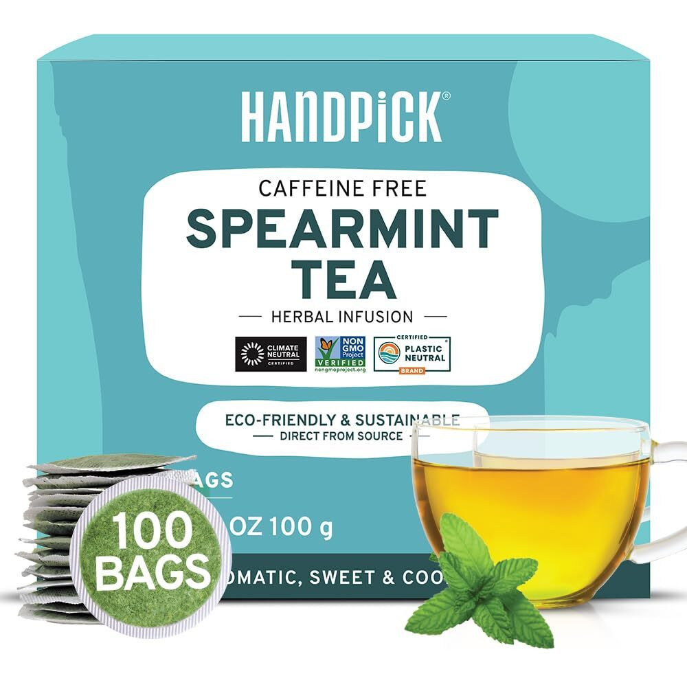 Handpick, Spearmint Tea Bags (100 Herbal Tea Bags) Rich In Essential Oil | Refreshing Mint Tea | Non-Gmo, Gluten Free | Round Eco-Conscious Tea Bags