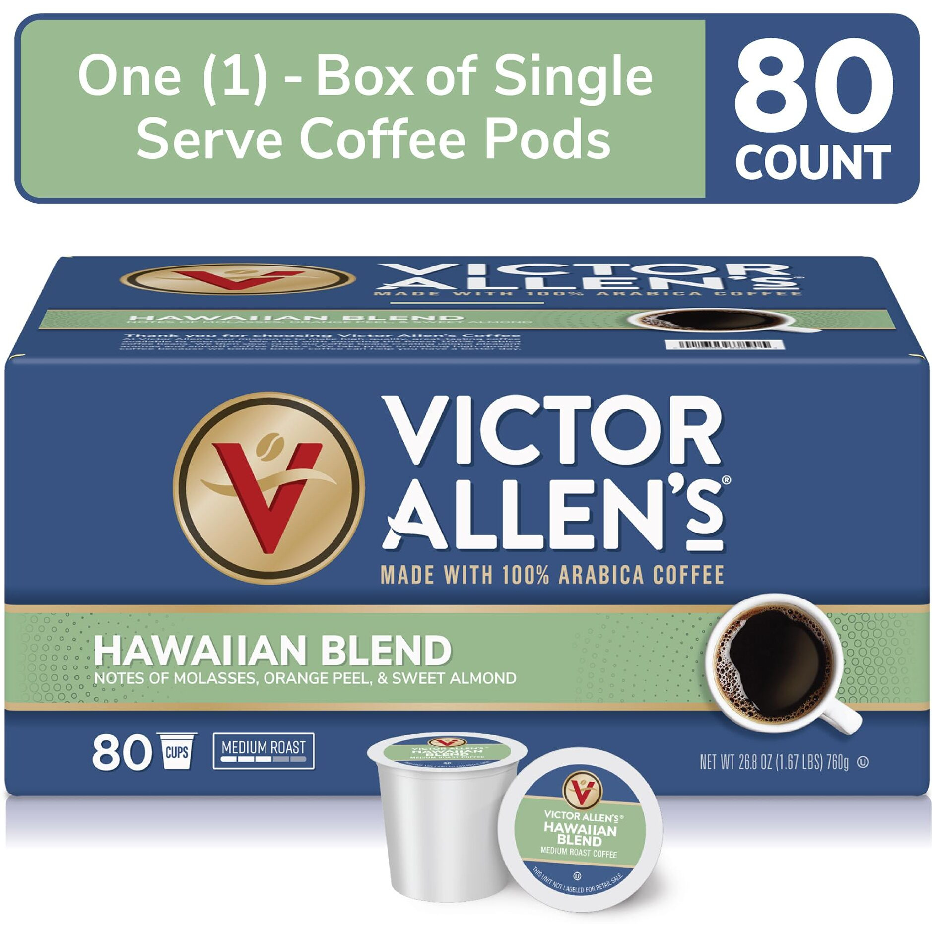 Victor Allen's Coffee Hawaiian Blend, Medium Roast, 80 Count, Single Serve Coffee Pods For Keurig K-Cup Brewers (Formerly Kona Blend)