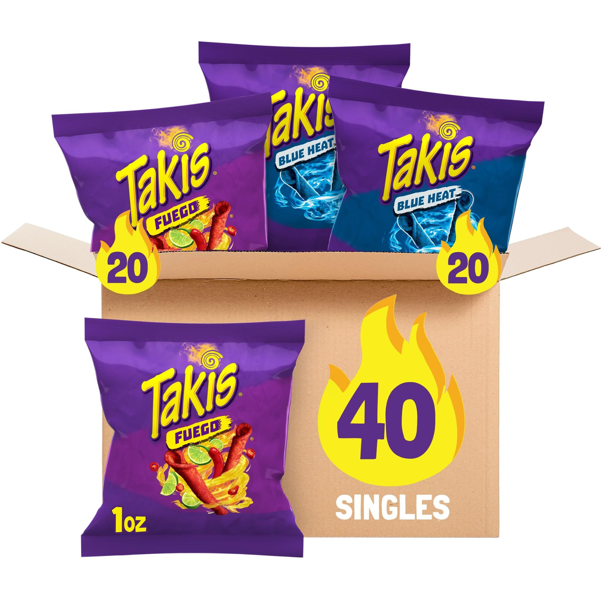 Takis 40 Pc / 1 Oz Variety Pack, Assorted Flavored Mixed Rolled Tortilla Chips - (20) Fuego 1 Oz, (20) Blue Heat 1 Oz