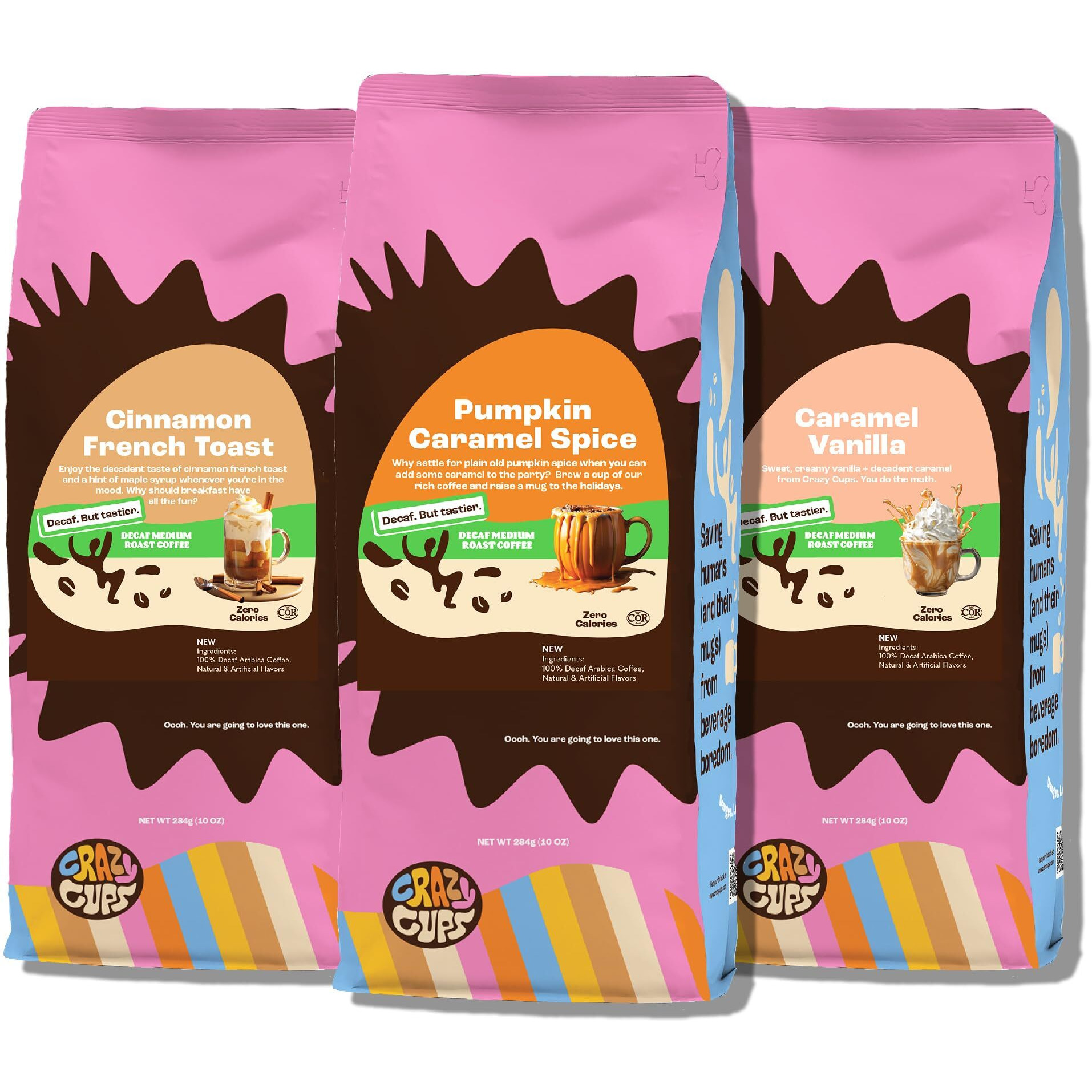 Crazy Cups Decaf Flavored Ground Coffee Variety Pack, Includes Cinnamon French Toast, Caramel Vanilla, Pumpkin Caramel Spice, In 10 Oz Bags, For Brewing Flavored Hot Or Iced Decaf Coffee, Variety 3 Pack