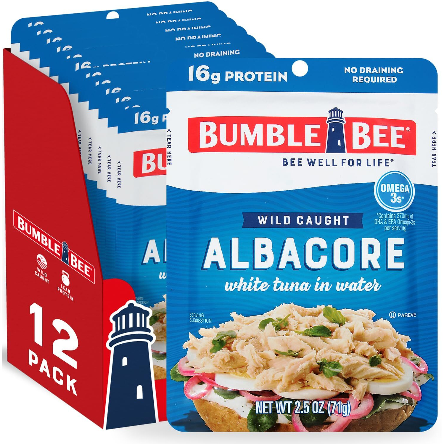 Bumble Bee Solid White Albacore Tuna In Water, 2.5 Oz Pouch (Pack Of 12) - Wild Caught Tuna - 16G Protein Per Serving, High In Omega-3S - Non-Gmo, Gluten Free, Kosher - No Draining Required