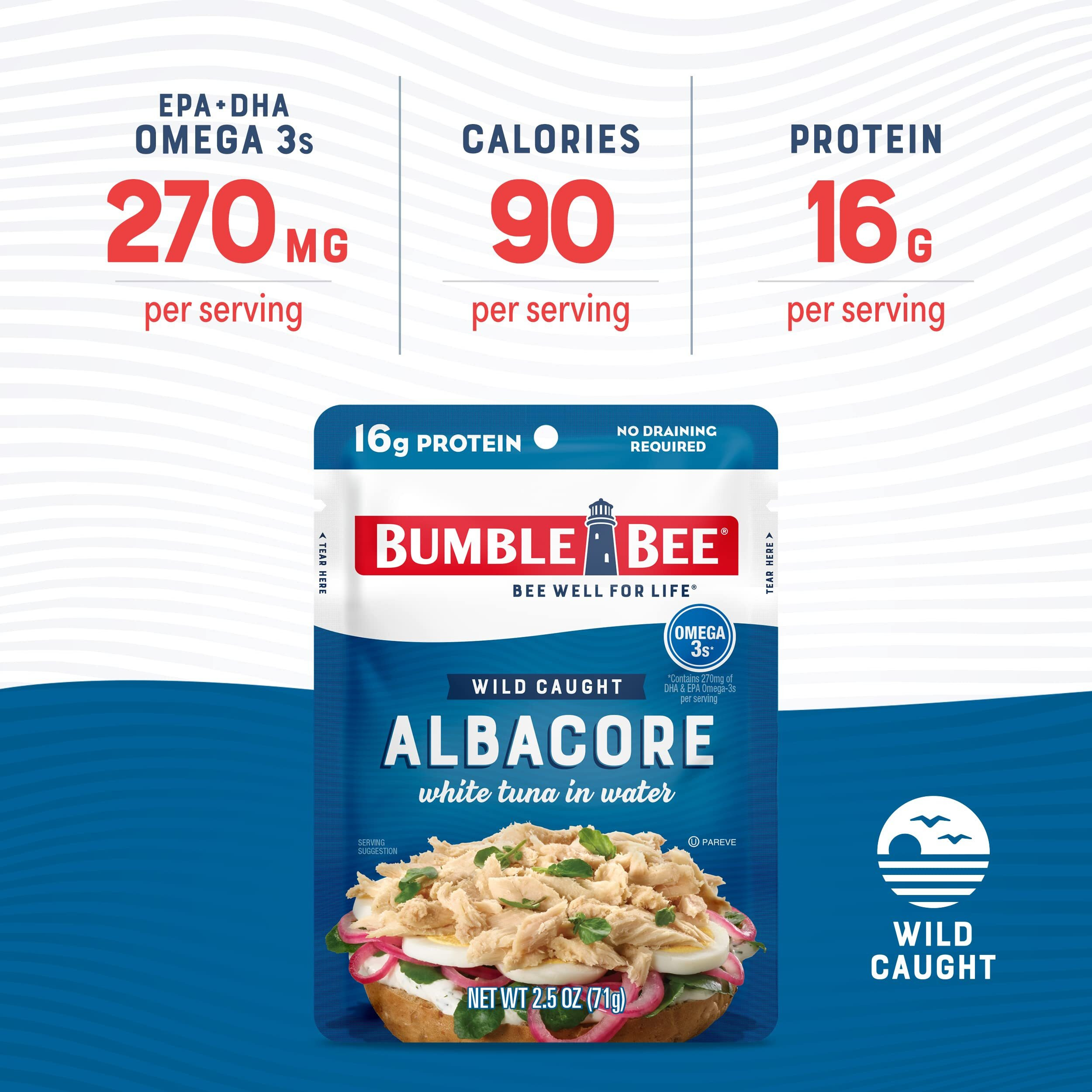 Bumble Bee Solid White Albacore Tuna In Water, 2.5 Oz Pouch (Pack Of 12) - Wild Caught Tuna - 16G Protein Per Serving, High In Omega-3S - Non-Gmo, Gluten Free, Kosher - No Draining Required