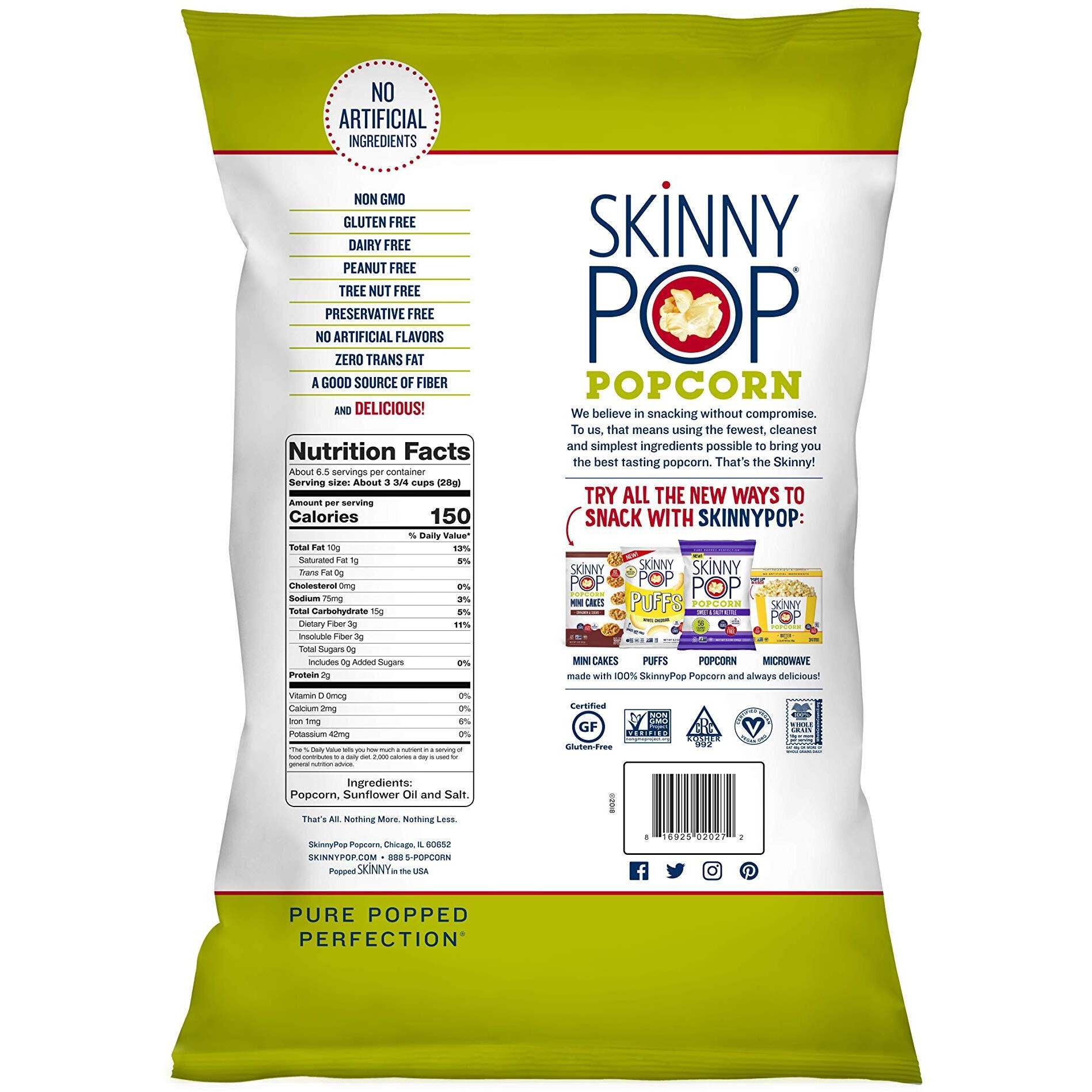 Skinnypop Original Popcorn, Gluten Free, Vegan Popcorn, Non-Gmo, Healthy Popcorn Snacks, Skinny Pop 6.7Oz Party Sized Bags (6 Count)