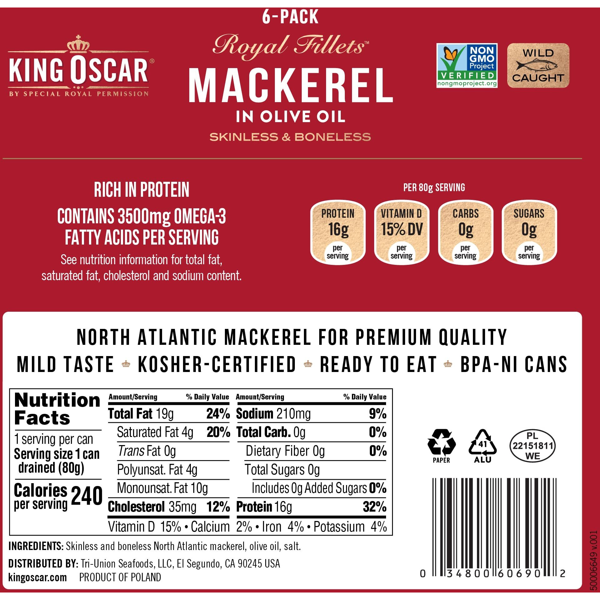 King Oscar Skinless & Boneless Mackerel In Olive Oil, 4.05-Ounce Cans (Pack Of 6)