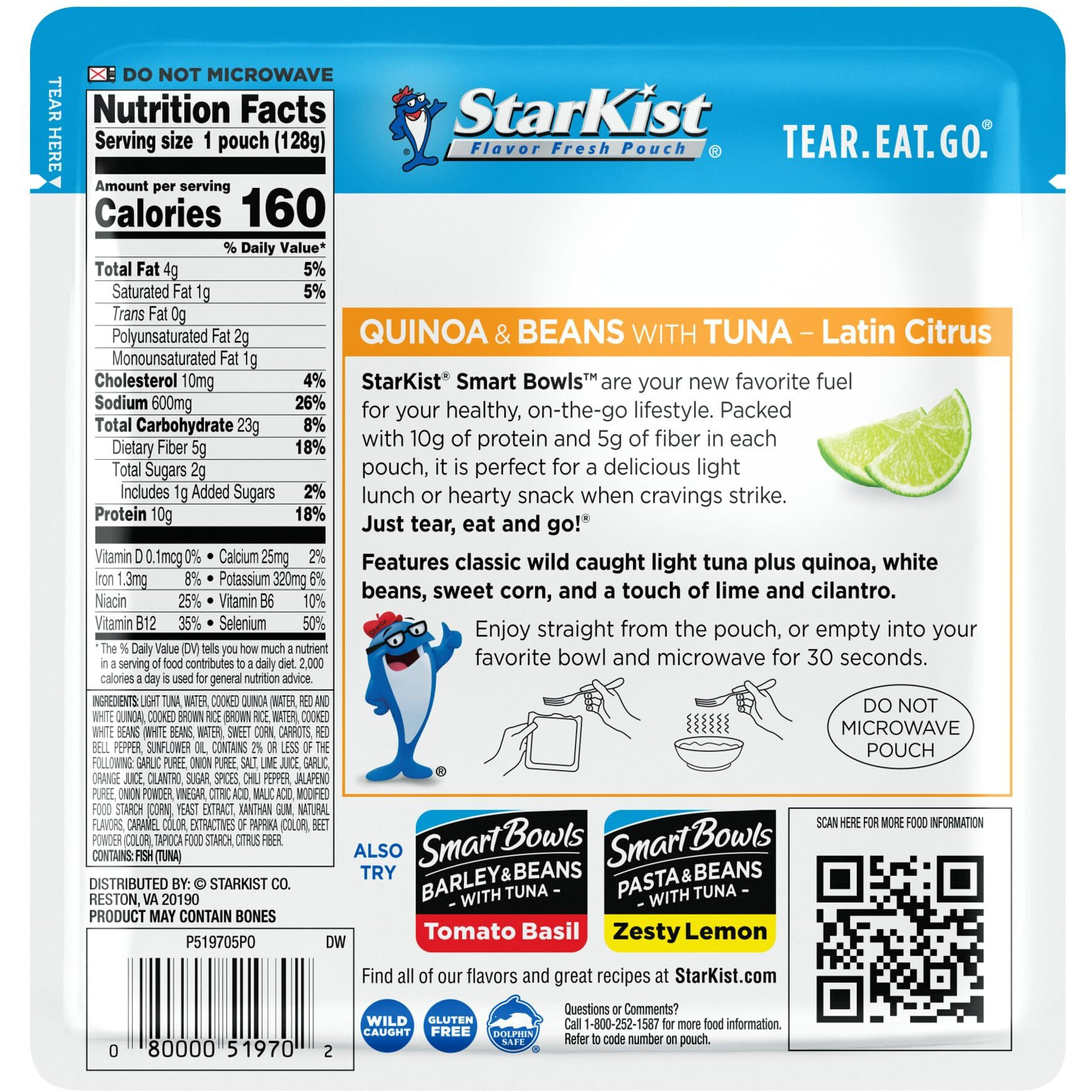 Starkist Smart Bowls Latin Citrus, 4.5 Oz Pouch (Pack Of 12) - Features Quinoa & Beans With Wild Caught Tuna