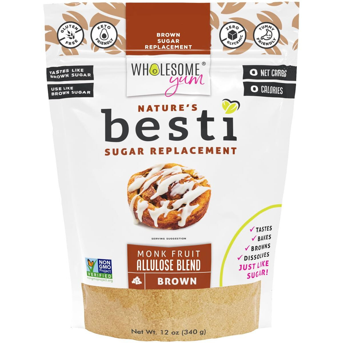 Wholesome Yum Besti Natural Brown Sugar Substitute - Keto Brown Monk Fruit Sweetener Blend With Allulose (No Erythritol) - Non Gmo, Zero Carb, Zero Calorie, Sugar Free, No Aftertaste (12 Oz)