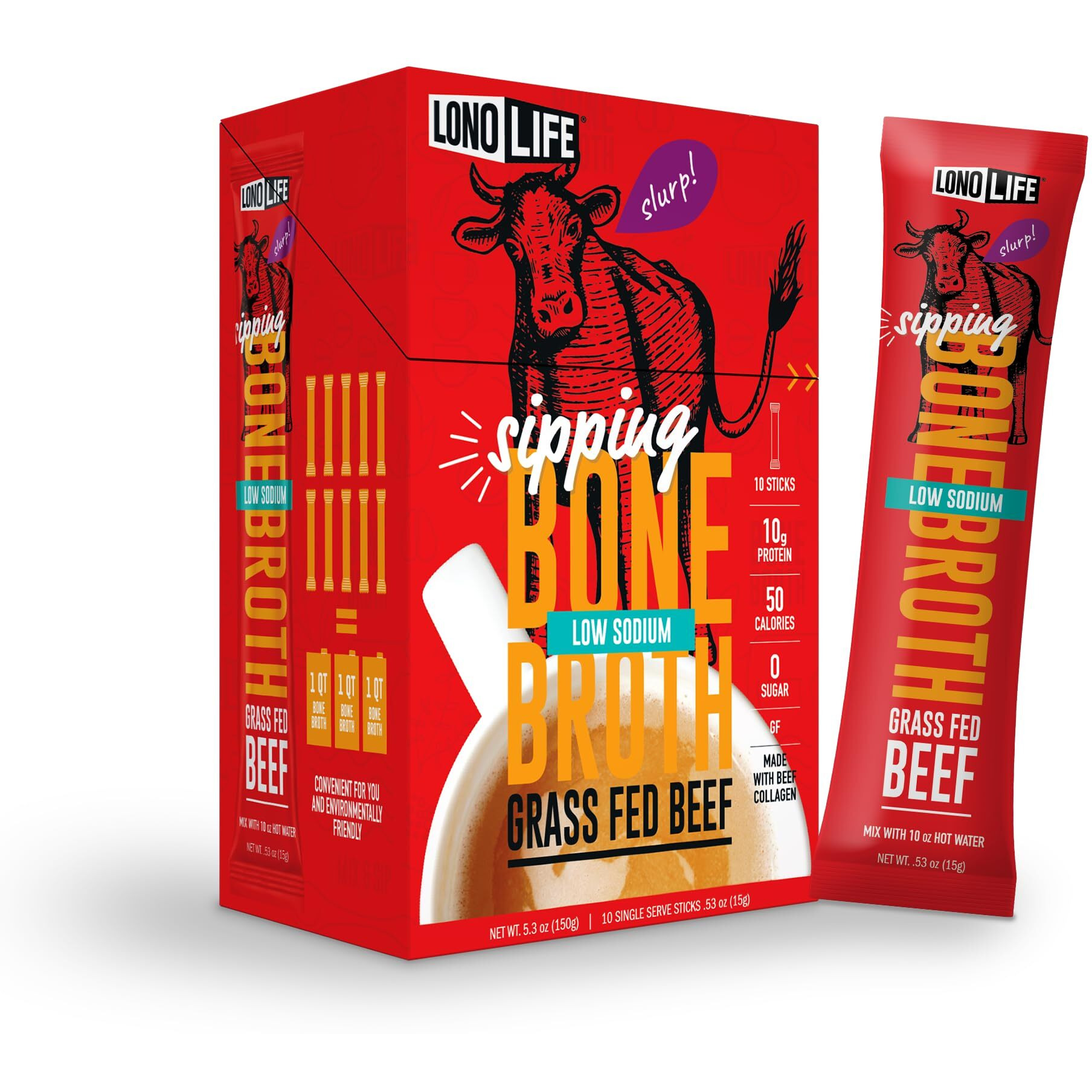 Lonolife Low Sodium Beef Bone Broth Powder Mix | Grass-Fed, 10G Protein | Collagen-Rich, Keto & Paleo Friendly | Natural Ingredients | 10 Portable Stick Pack Servings