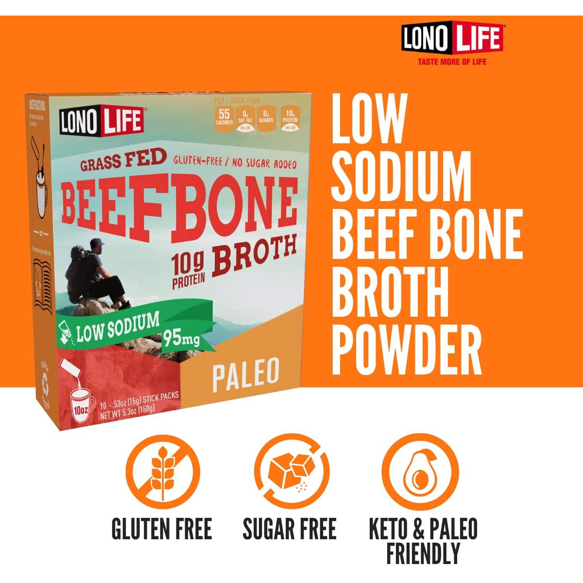 Lonolife Low Sodium Beef Bone Broth Powder Mix | Grass-Fed, 10G Protein | Collagen-Rich, Keto & Paleo Friendly | Natural Ingredients | 10 Portable Stick Pack Servings