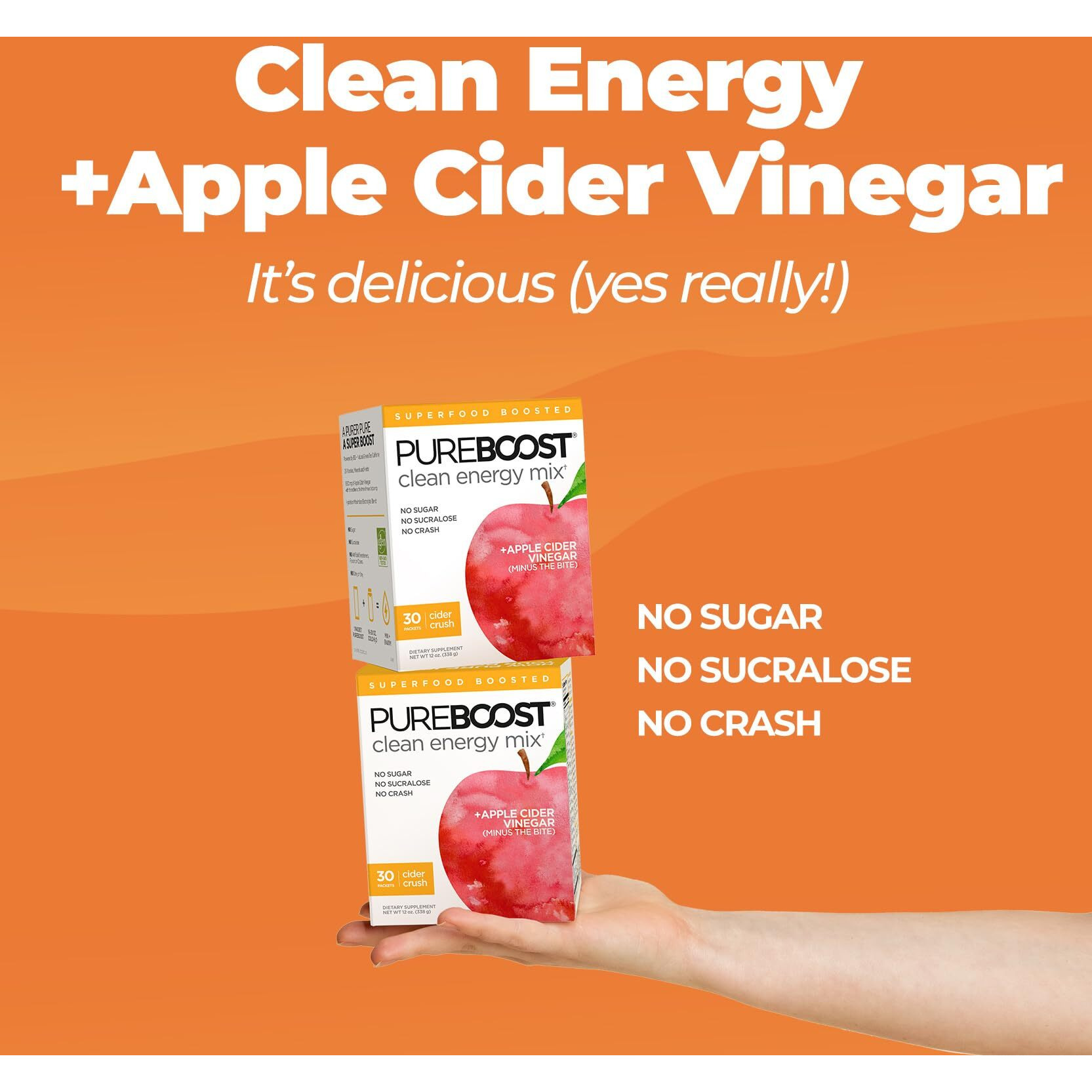 Pureboost Apple Cider Vinegar Superfoods Clean Energy Drink Mix, Boosted With 1,000 Mg Of Acv With The Mother. No Sugar Or Artificial Sweeteners (30 Count, Cider Crush)