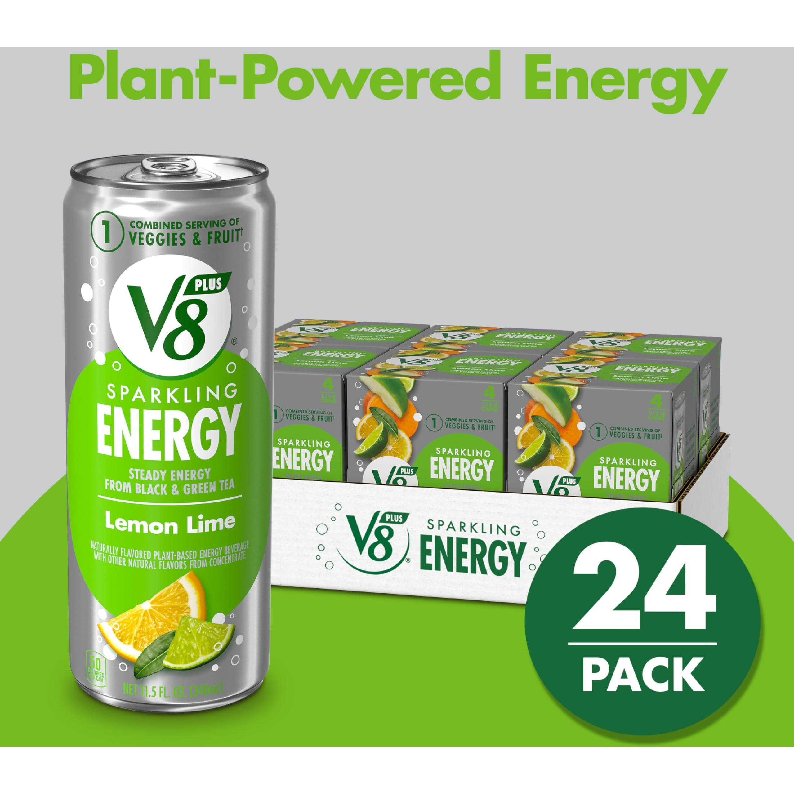 V8 +Sparkling Energy Lemon Lime Energy Drink, Made With Real Vegetable And Fruit Juices, 11.5 Fl Oz Can (6 Packs Of 4)