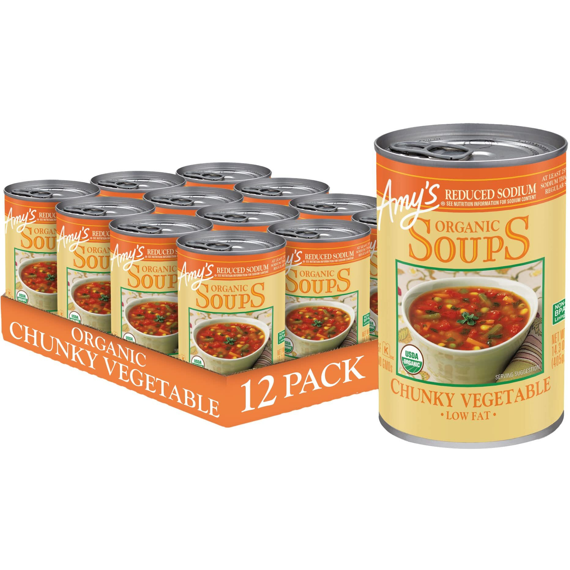 Amys Soup, Vegan Reduced Sodium Chunky Vegetable Soup, Gluten Free, Made With Organic Vegetables, Canned Soup, 14.3 Oz (12 Pack)