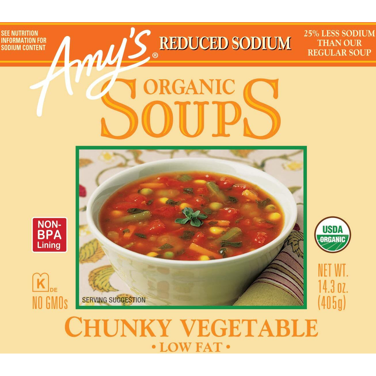 Amys Soup, Vegan Reduced Sodium Chunky Vegetable Soup, Gluten Free, Made With Organic Vegetables, Canned Soup, 14.3 Oz (12 Pack)