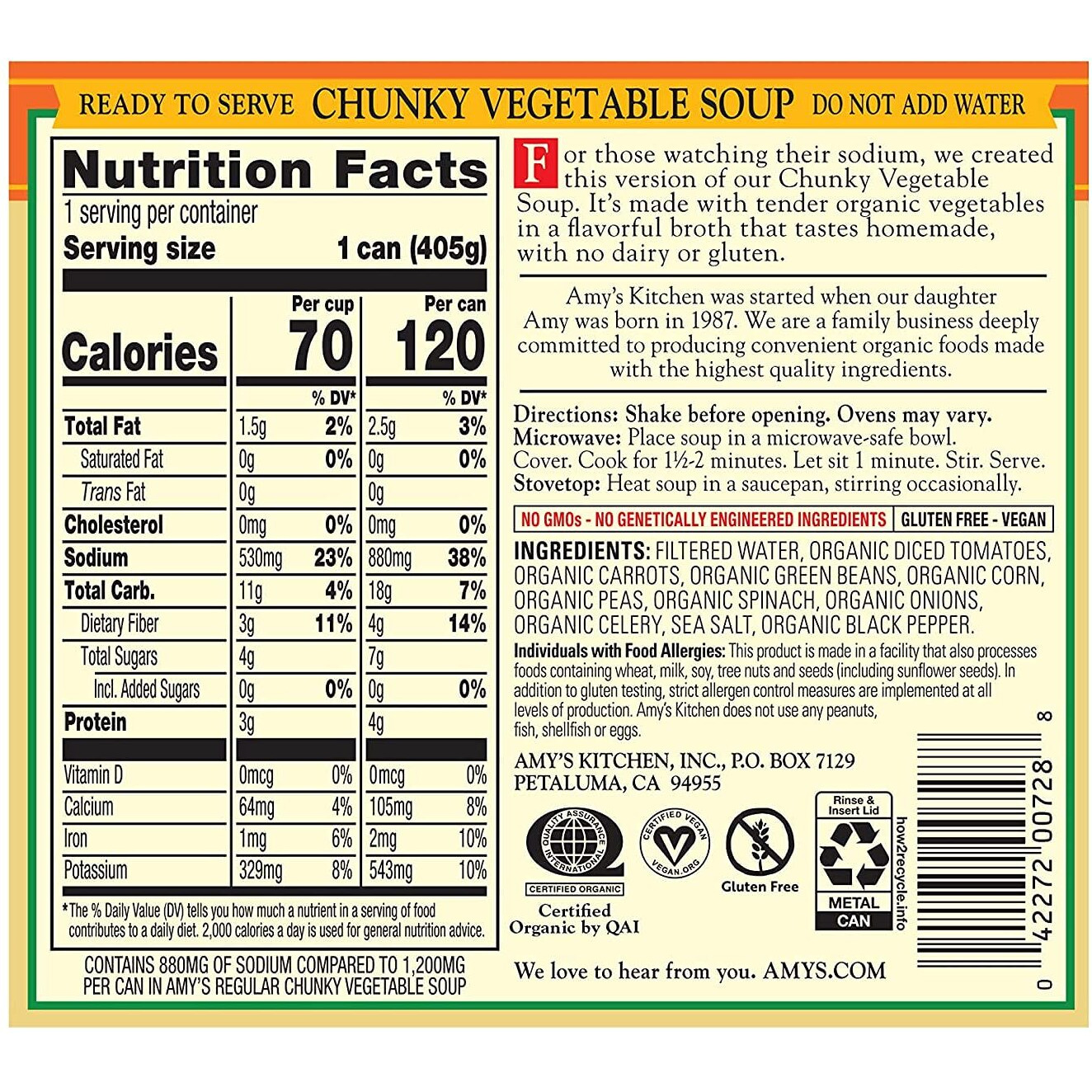Amys Soup, Vegan Reduced Sodium Chunky Vegetable Soup, Gluten Free, Made With Organic Vegetables, Canned Soup, 14.3 Oz (12 Pack)
