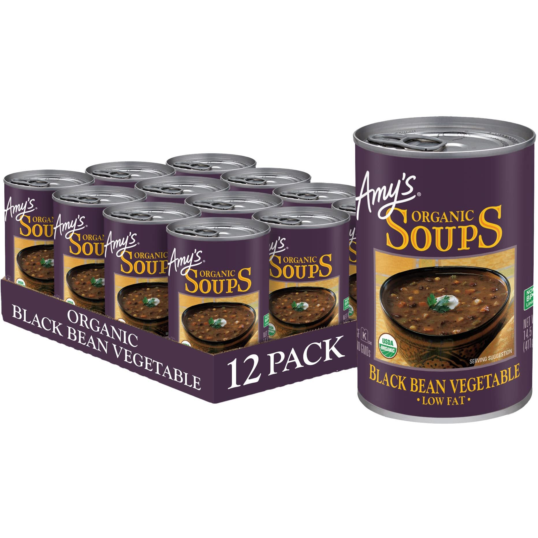 Amys Soup, Vegan Black Bean Vegetable Soup, Low Fat, Gluten Free, Made With Organic Vegetables, Canned Soup, 14.5 Oz (12 Pack)