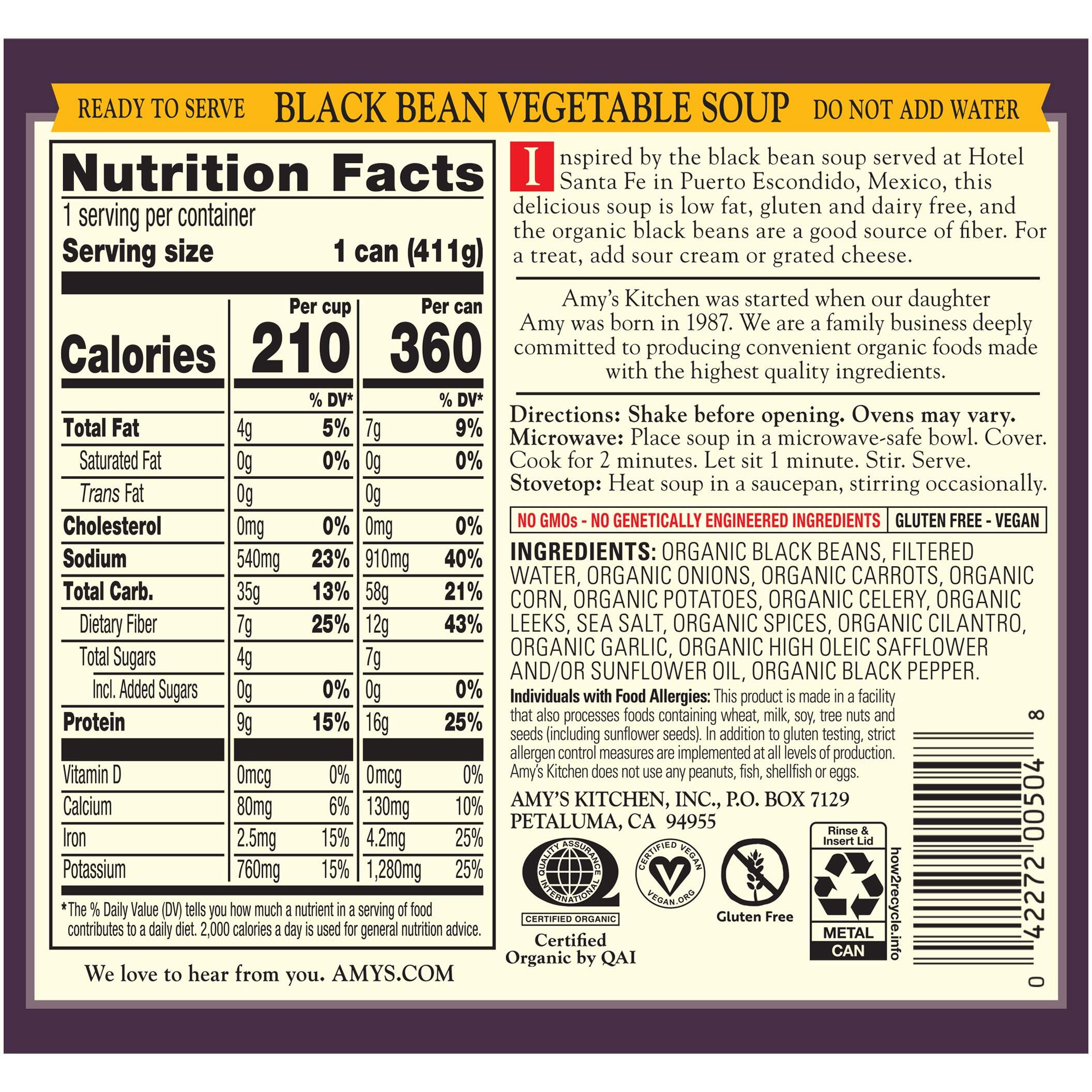 Amys Soup, Vegan Black Bean Vegetable Soup, Low Fat, Gluten Free, Made With Organic Vegetables, Canned Soup, 14.5 Oz (12 Pack)
