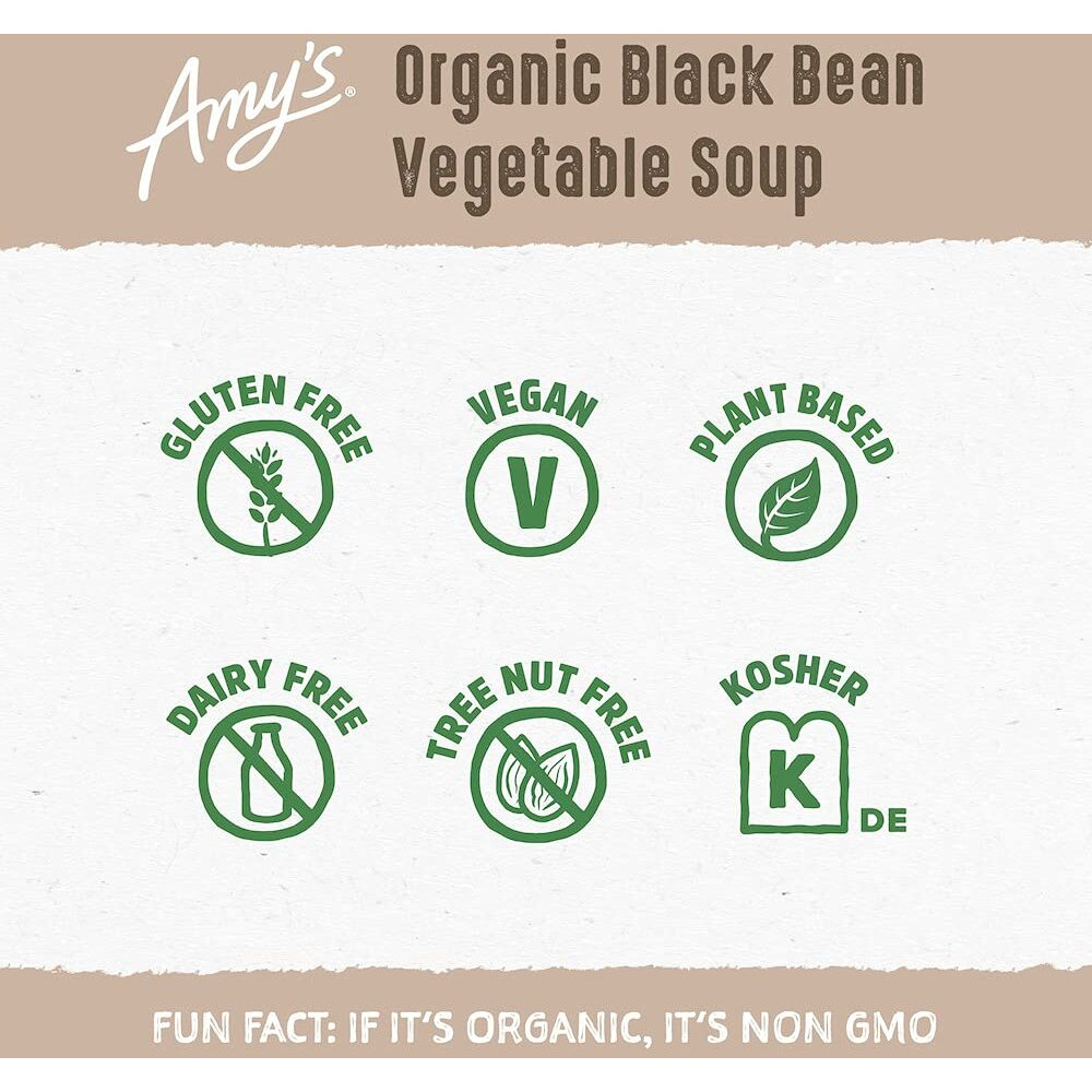 Amys Soup, Vegan Black Bean Vegetable Soup, Low Fat, Gluten Free, Made With Organic Vegetables, Canned Soup, 14.5 Oz (12 Pack)