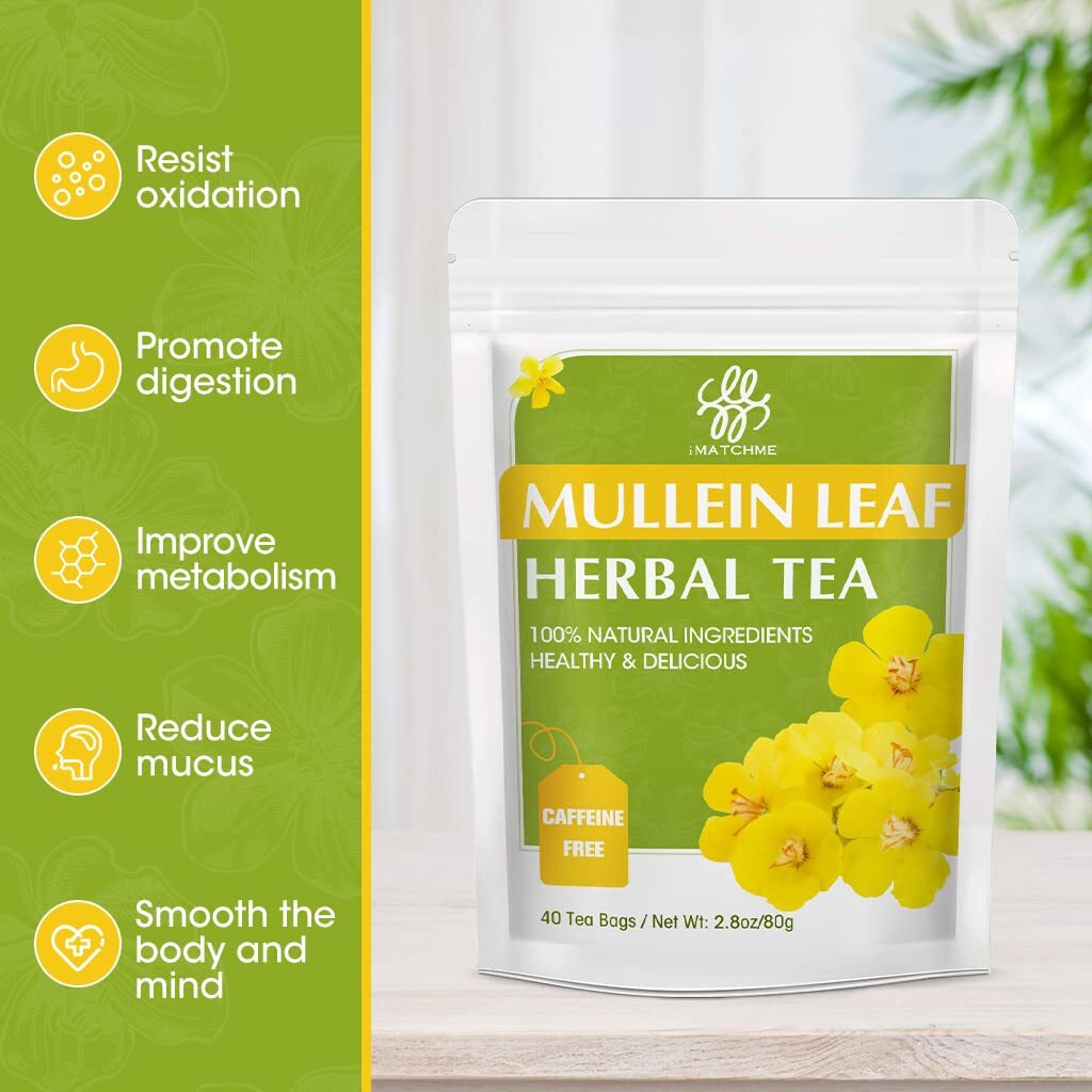 Mullein Leaf Tea, Mullein Tea Bags For Lung Cleanse, Respiratory Support And Mucous Membranes, Herbal Tea Caffeine Free, Non-Gmo, 40 Tea Bags