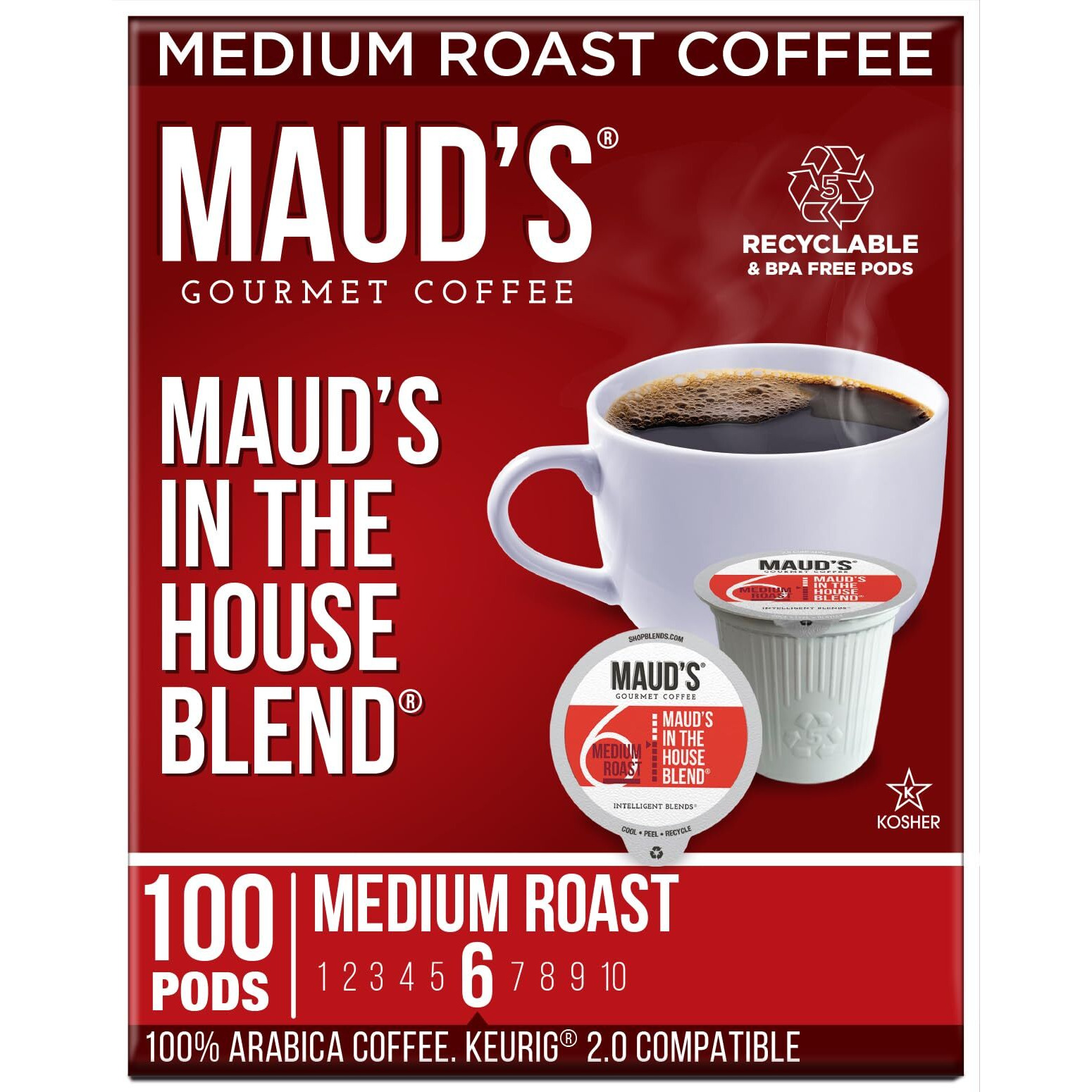 Maud's Medium Roast Coffee Pods, 100 Ct | In The House Blend | 100% Arabica Medium Roast Coffee | Solar Energy Produced Recyclable Pods Compatible With Keurig K Cups Maker