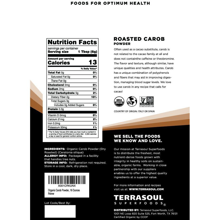 Terrasoul Superfoods Organic Carob Powder, 1 Lb - Cocoa Powder Alternative | High In Fiber