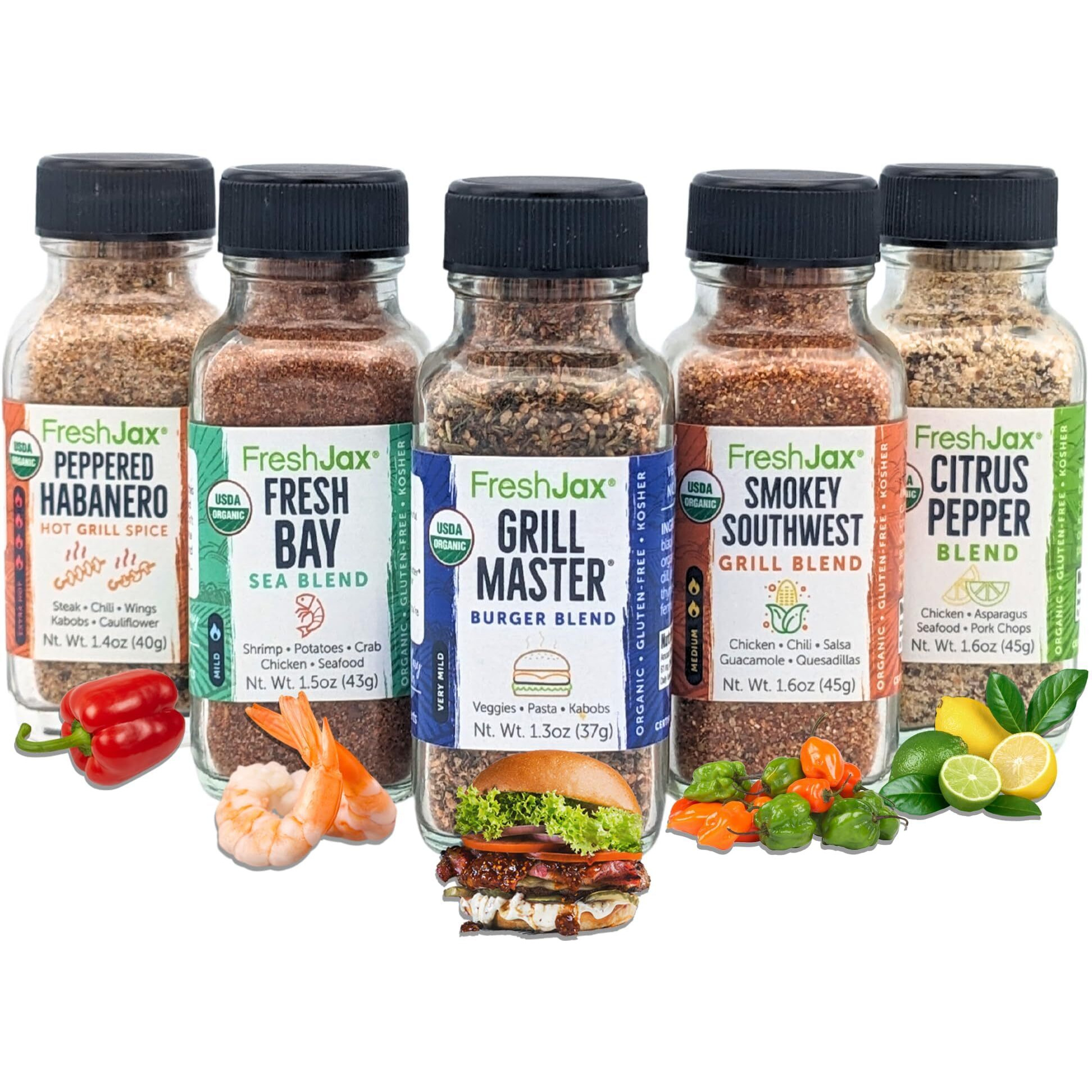 Freshjax Grill Seasoning Gift Set | 5 Sampler Sized Organic Grilling Spices | Grilling Gifts For Men | Bbq Grill Spices And Seasoning Sets Packed In A Giftable Box