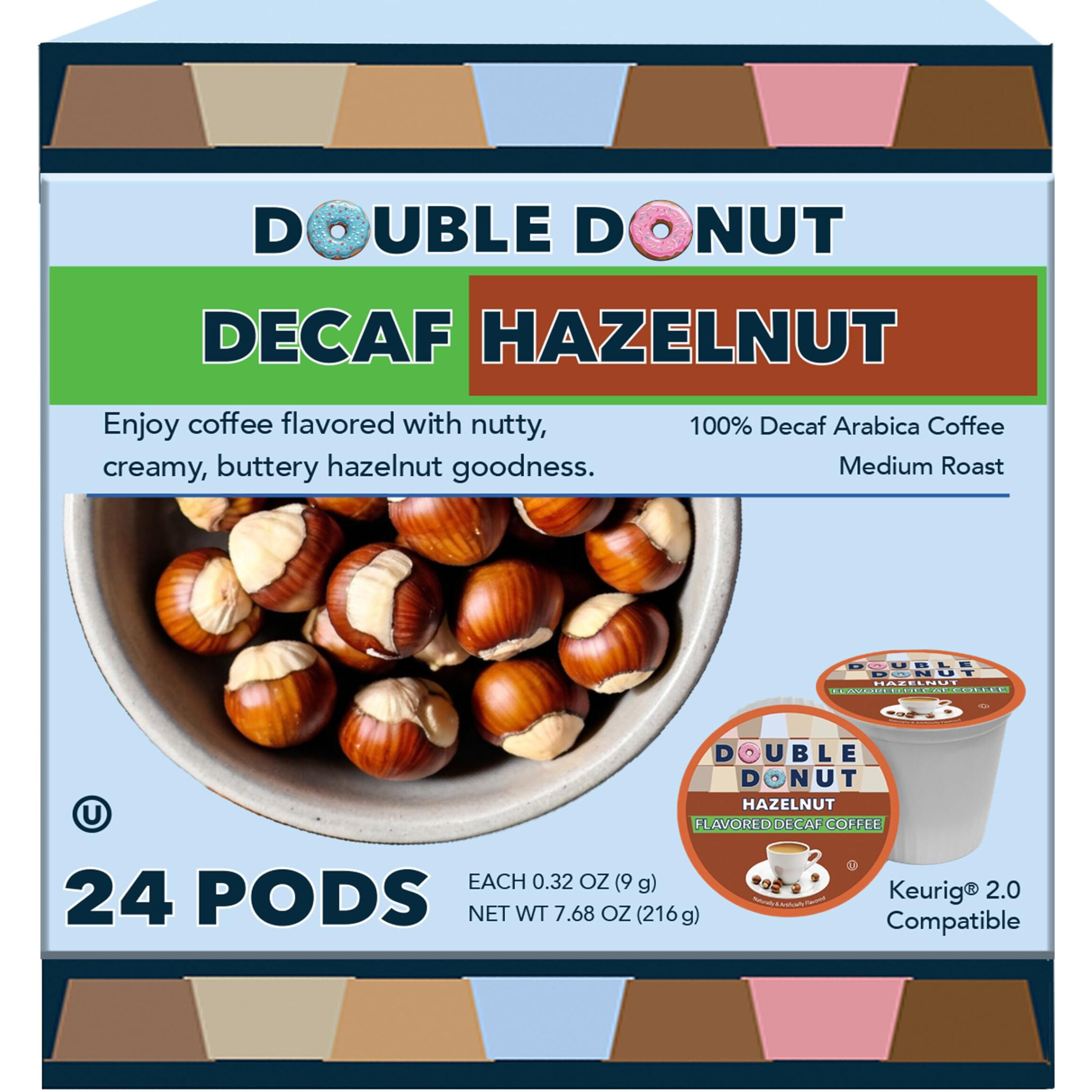 Double Donut Coffee Hazelnut Decaf Coffee Pods Medium Roast Decaffeinated Coffee Pods With Nutty Hazelnut Flavor For Keurig K Cup Machines (Synchkg109853) (Pack Of 24 )