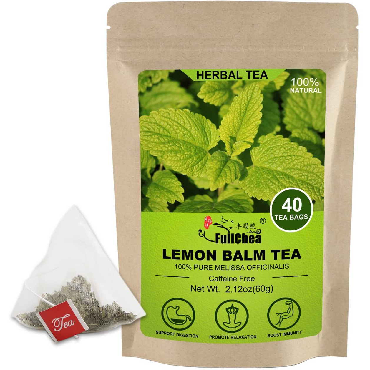 Fullchea - Lemon Balm Tea Bag, 40 Teabags, 1.5G/Bag - Premium Lemon Balm Herb - Melissa Officinalis - Non-Gmo - Caffeine-Free - Promotes Relaxation & Support Digestion