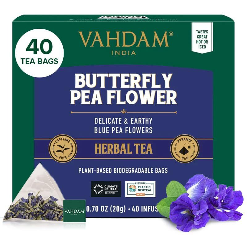 Vahdam, Butterfly Pea Flower Tea Bags (40 Pyramid Tea Bags) Vegan, Non-Gmo | Delicate & Earthy | Direct From Source - Plant Based Biodegradable Tea Bags | Brew Iced Tea, Cooking, Mocktails & Cocktails