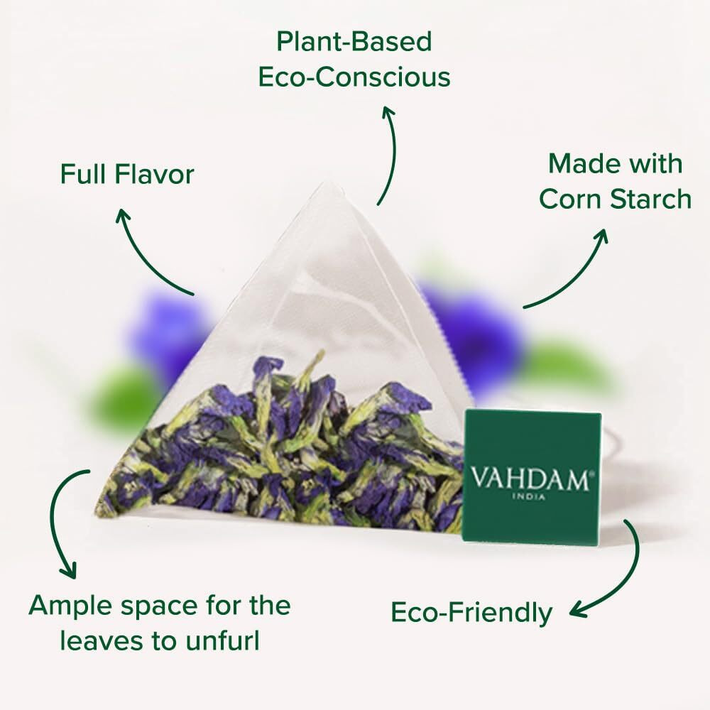 Vahdam, Butterfly Pea Flower Tea Bags (40 Pyramid Tea Bags) Vegan, Non-Gmo | Delicate & Earthy | Direct From Source - Plant Based Biodegradable Tea Bags | Brew Iced Tea, Cooking, Mocktails & Cocktails