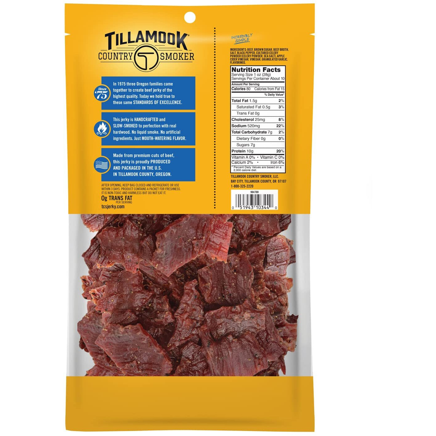 Tillamook Country Smoker Real Hardwood Smoked Beef Jerky, Sea Salt & Cracked Pepper, 10 Ounce