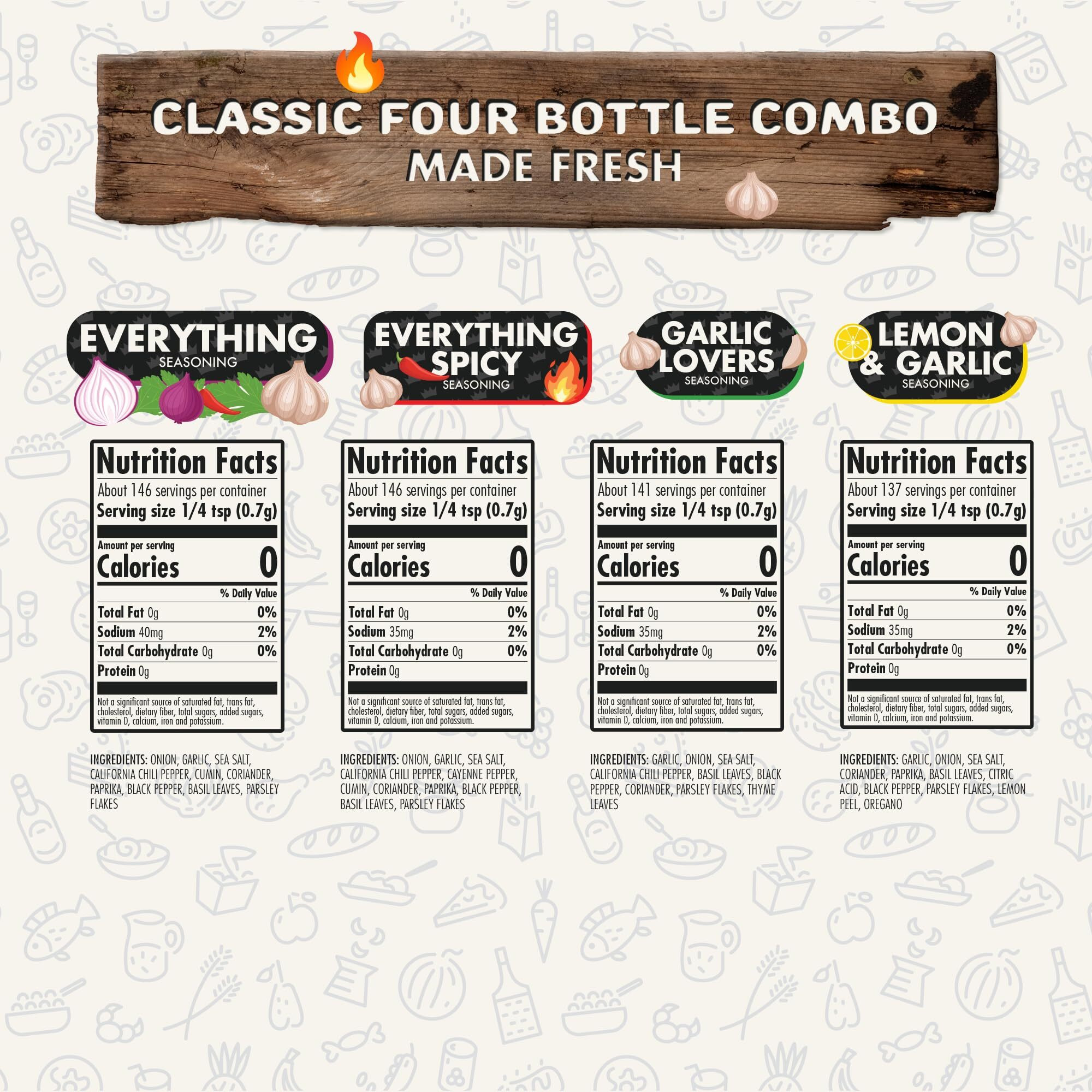 Flavor God Classic Combo Pack Of 4 Seasoning & Spices For Cooking, Everything, Everything Spicy, Garlic Lovers, Lemon & Garlic, Low Sodium, Healthy Herbs Keto Spice Set, Chicken, Beef, Seafood & Eggs