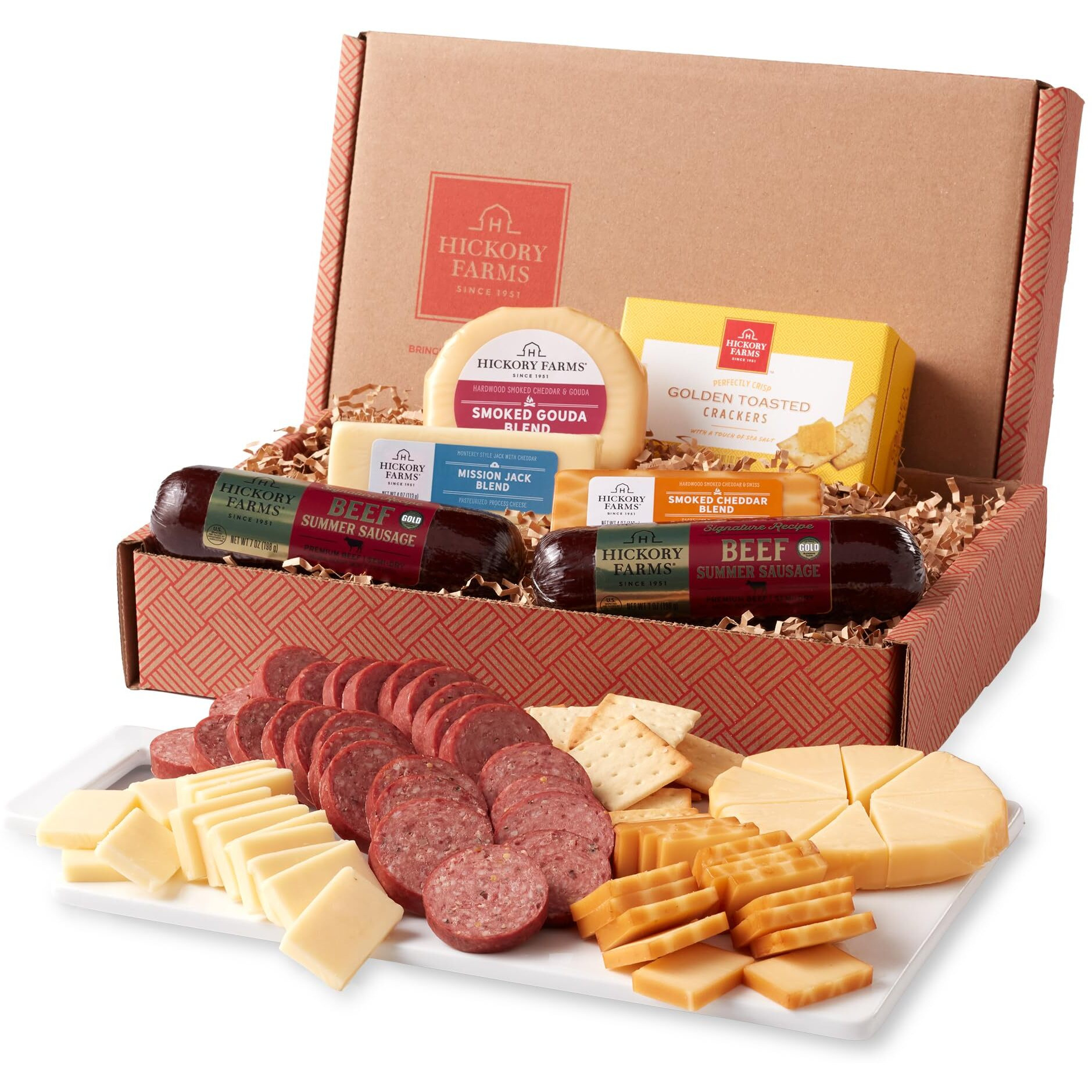 Hickory Farms Beef Summer Sausage & Cheese Medium Gift Box - Gourmet Food Gift Basket | Charcuterie Board Food - Meat And Cheese | Christmas Gift Basket | Father's Day Gift Basket | Holiday Gift Basket | Housewarming Gift | Perfect For Family, Birthday, Sympathy, Congratulations Gifts, Retirement, Thinking Of You, Corporate Gifts