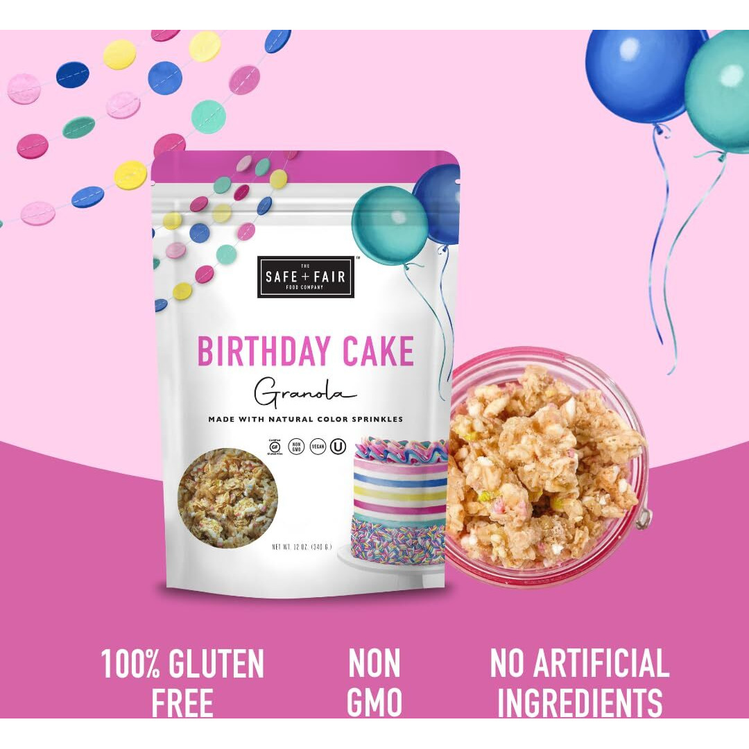Safe + Fair Birthday Cake Granola - Gluten-Free, Dairy Free And Vegan Breakfast, Snack Or Dessert - Free From Top 9 Allergens, Trans Fat And Artificial Ingredients - Non Gmo, 12Oz