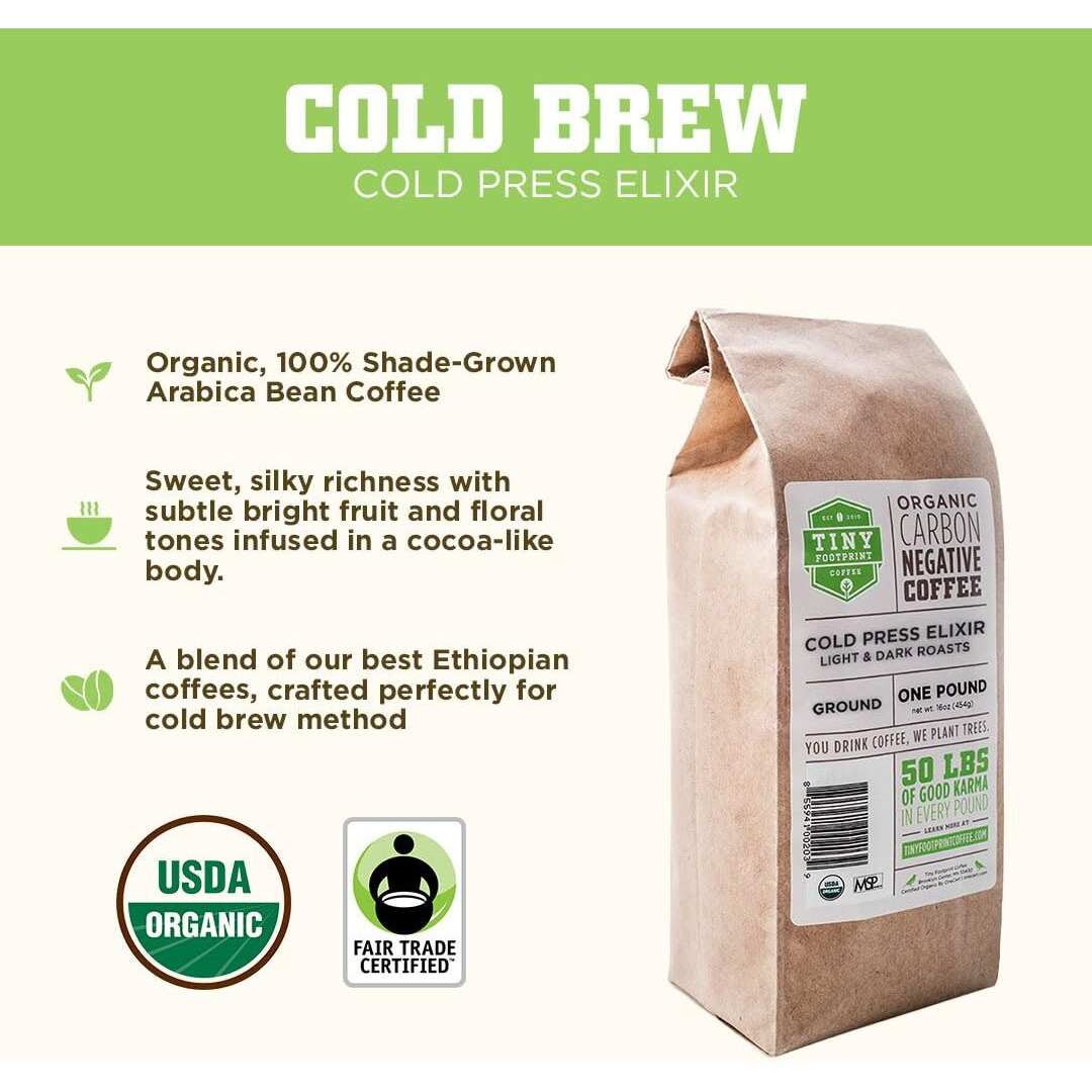 Tiny Footprint Coffee - Organic Cold Brew & Press Elixir | Blend Of Light & Dark Roasts | Shade-Gown Ground Coffee, Carbon Negative, 16 Ounce