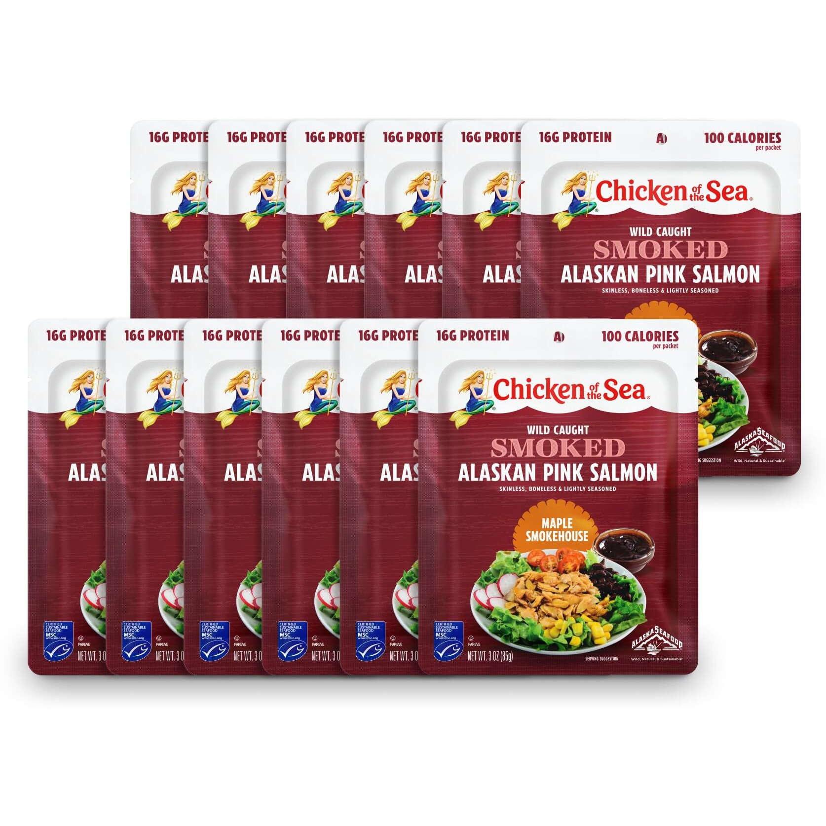 Chicken Of The Sea Smoked Alaskan Pink Salmon, 3 Ounce Packets (Box Of 12), Wild Caught Salmon, Maple Smokehouse