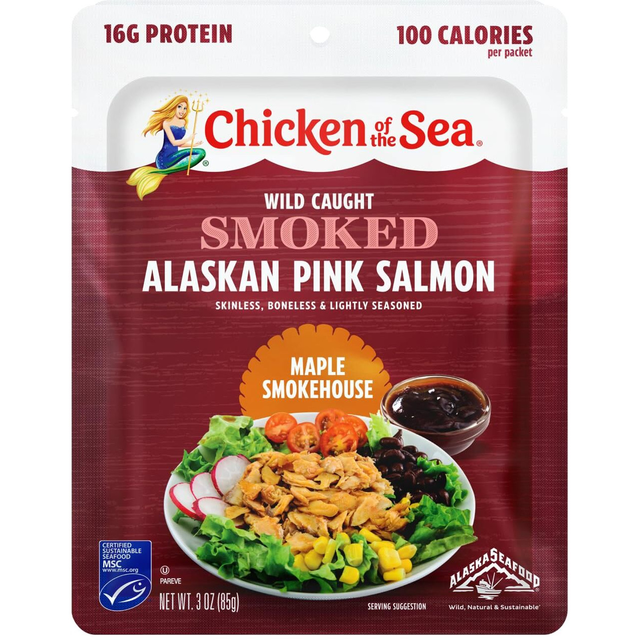 Chicken Of The Sea Smoked Alaskan Pink Salmon, 3 Ounce Packets (Box Of 12), Wild Caught Salmon, Maple Smokehouse
