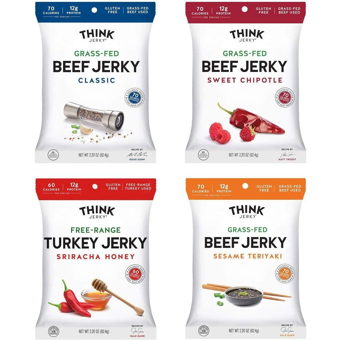 Think Jerky, Beef And Turkey Jerky Variety Pack (2.2 Ounce Bags, Pack Of 4) Contains 1 Bag Of Each Classic Beef Jerky, Sweet Chipotle Beef Jerky, Sriracha Honey Turkey Jerky, And Sesame Teriyaki Beef Jerky - Healthy Jerky Snack, Low Calorie, Low Fat