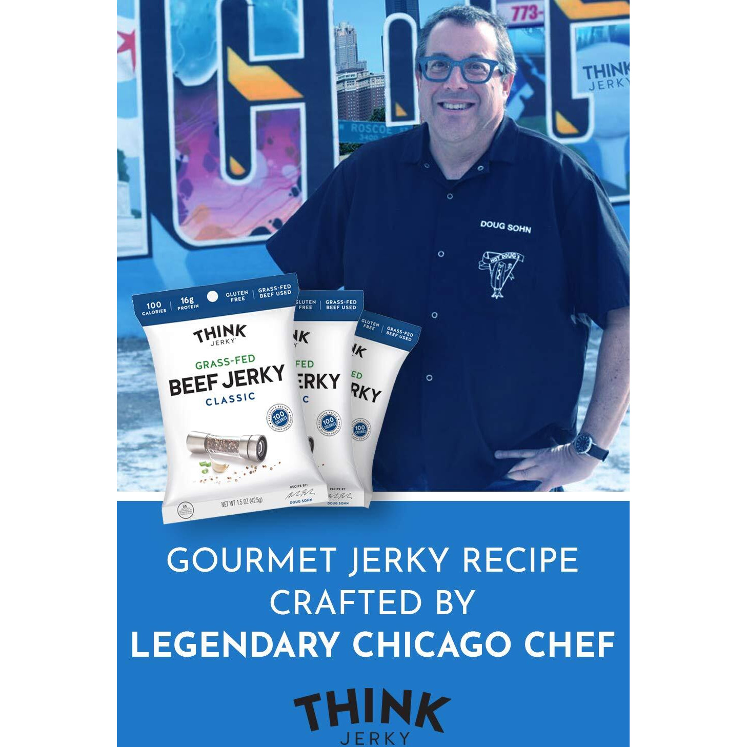 Think Jerky, Beef And Turkey Jerky Variety Pack (2.2 Ounce Bags, Pack Of 4) Contains 1 Bag Of Each Classic Beef Jerky, Sweet Chipotle Beef Jerky, Sriracha Honey Turkey Jerky, And Sesame Teriyaki Beef Jerky - Healthy Jerky Snack, Low Calorie, Low Fat