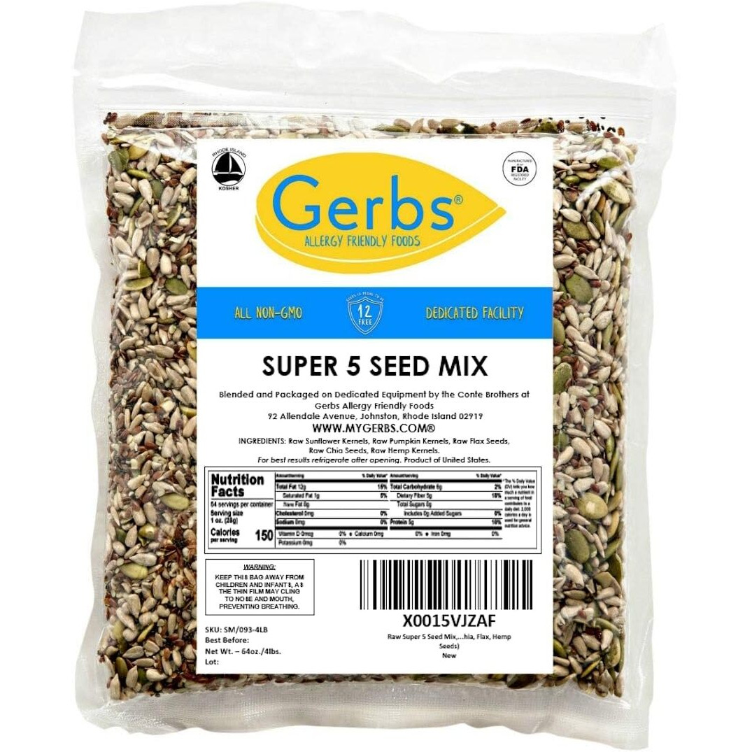 Gerbs Super 5 Seed Snack Mix 4 Lbs. Premium Grade | Top 14 Food Allergy Free | Resealable Bulk Bag | Made In Usa | Raw Pumpkin Sunflower Chia Hemp Flax Seed Trail Mix | Gluten Peanut Tree Nut Free