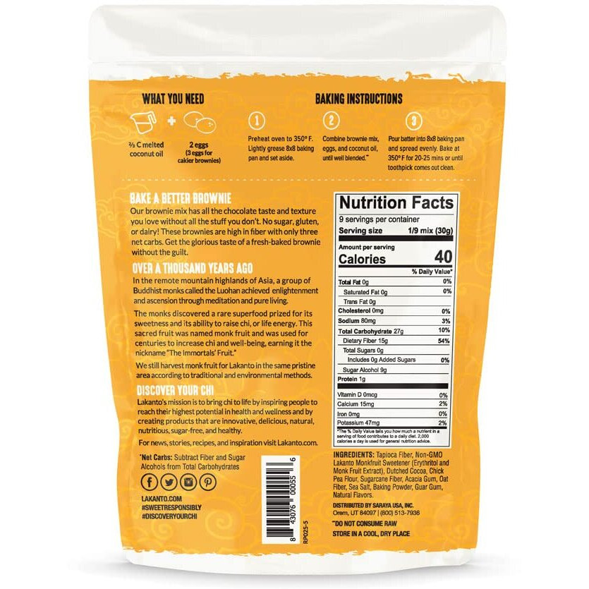 Lakanto Sugar Free Brownie Mix - Sweetened With Monk Fruit Sweetener, Keto Diet Friendly, Delicious Dutched Cocoa, High In Fiber, 3G Net Carbs, Gluten Free, Easy To Make Dessert (Pack Of 3)