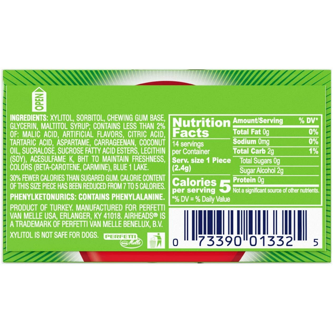 Airheads Candy, Chewing Gum, Watermelon Flavor, Sugar Free, Xylitol, 14 Sticks Per Pack, Box Of 12 Packs